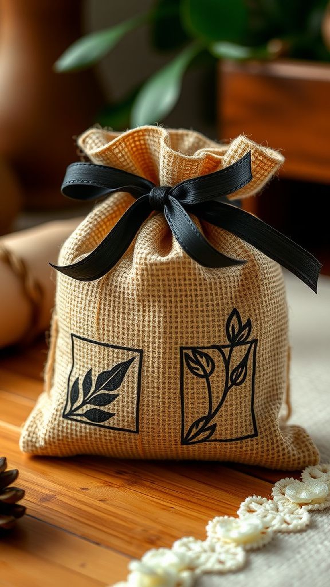 Burlap gift bag with stamped motifs and ribbon
