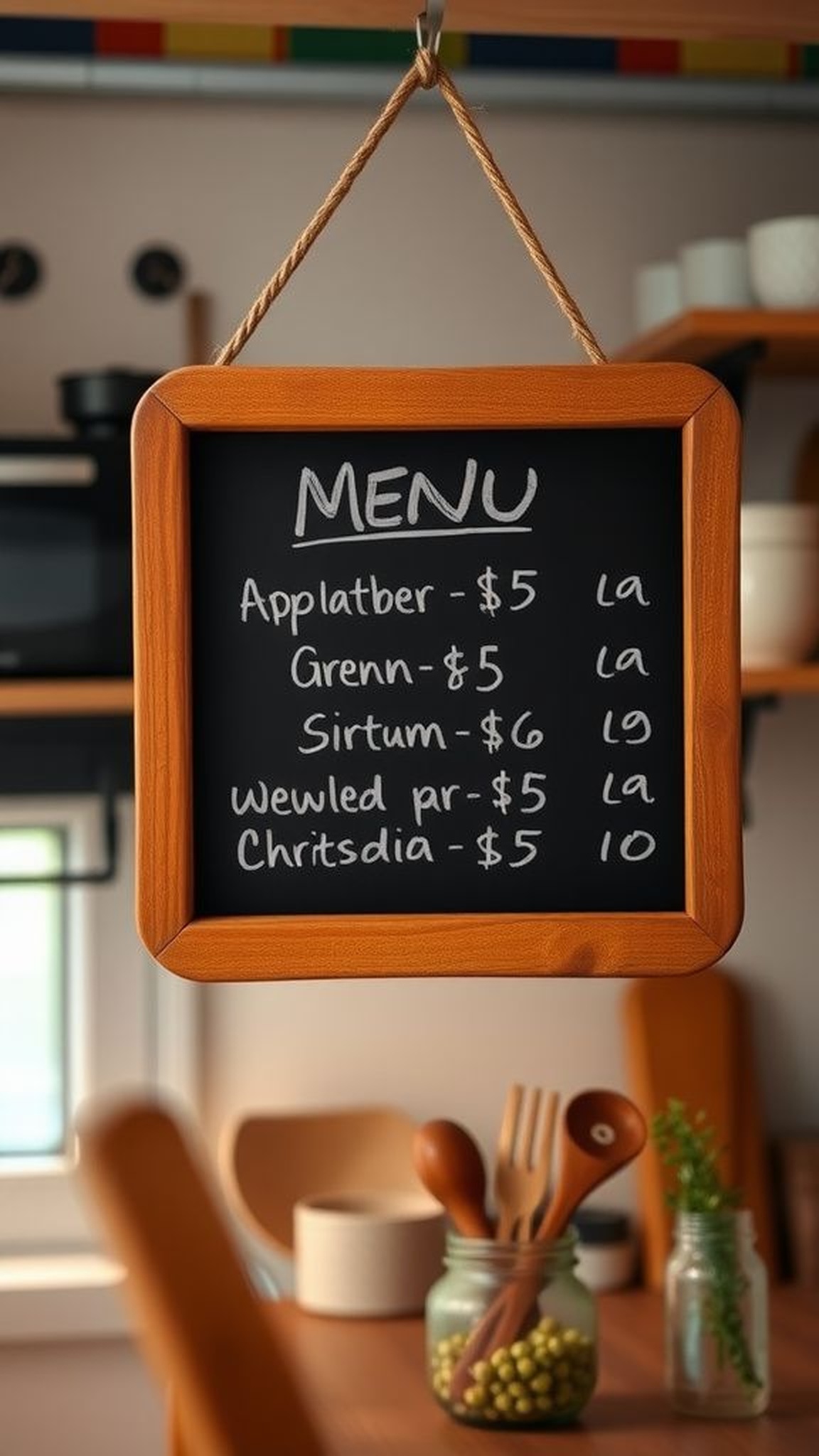 Chalkboard menu on a small wooden board for kitchens