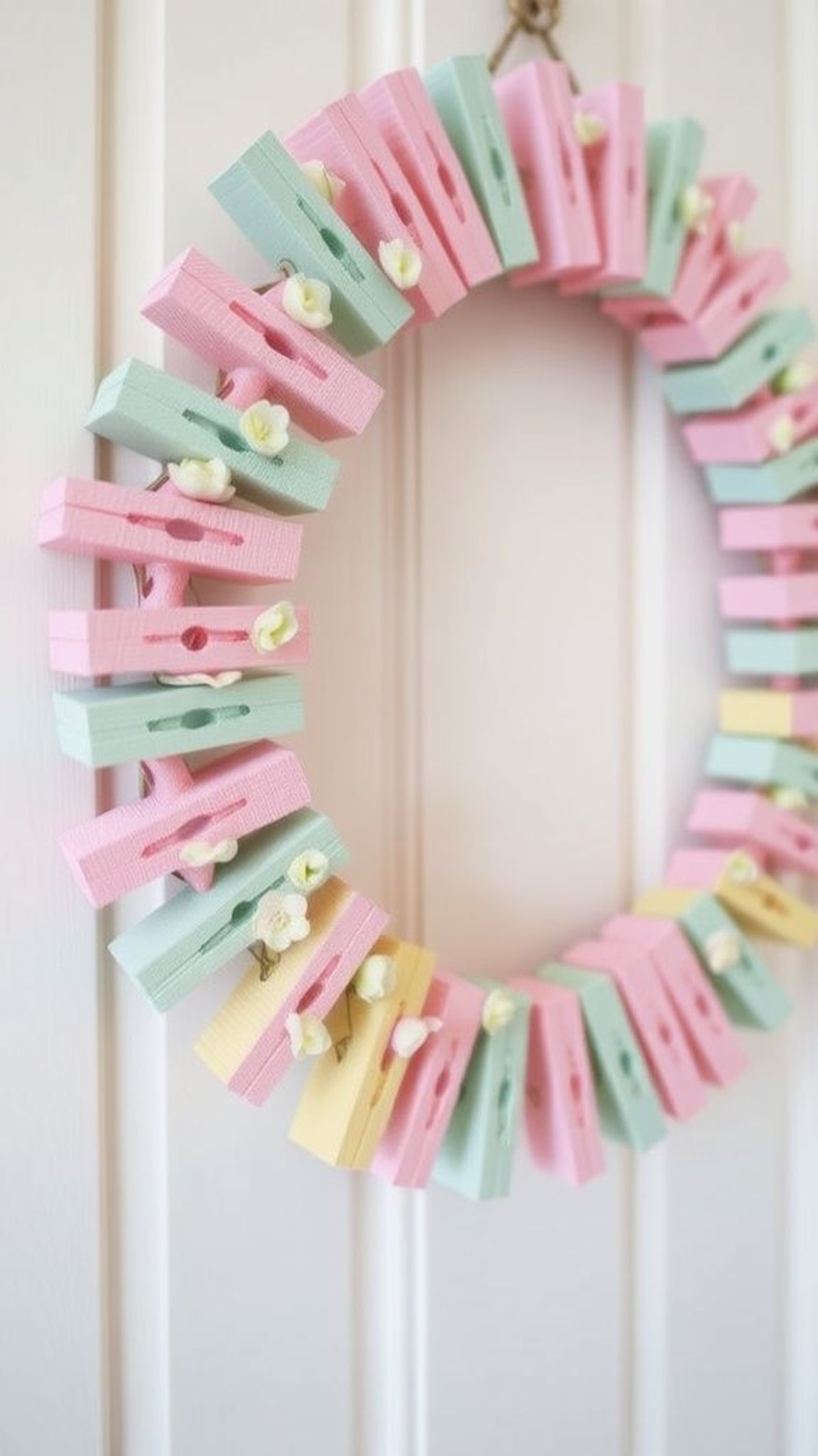 Clothespin floral wreath in soft pastels