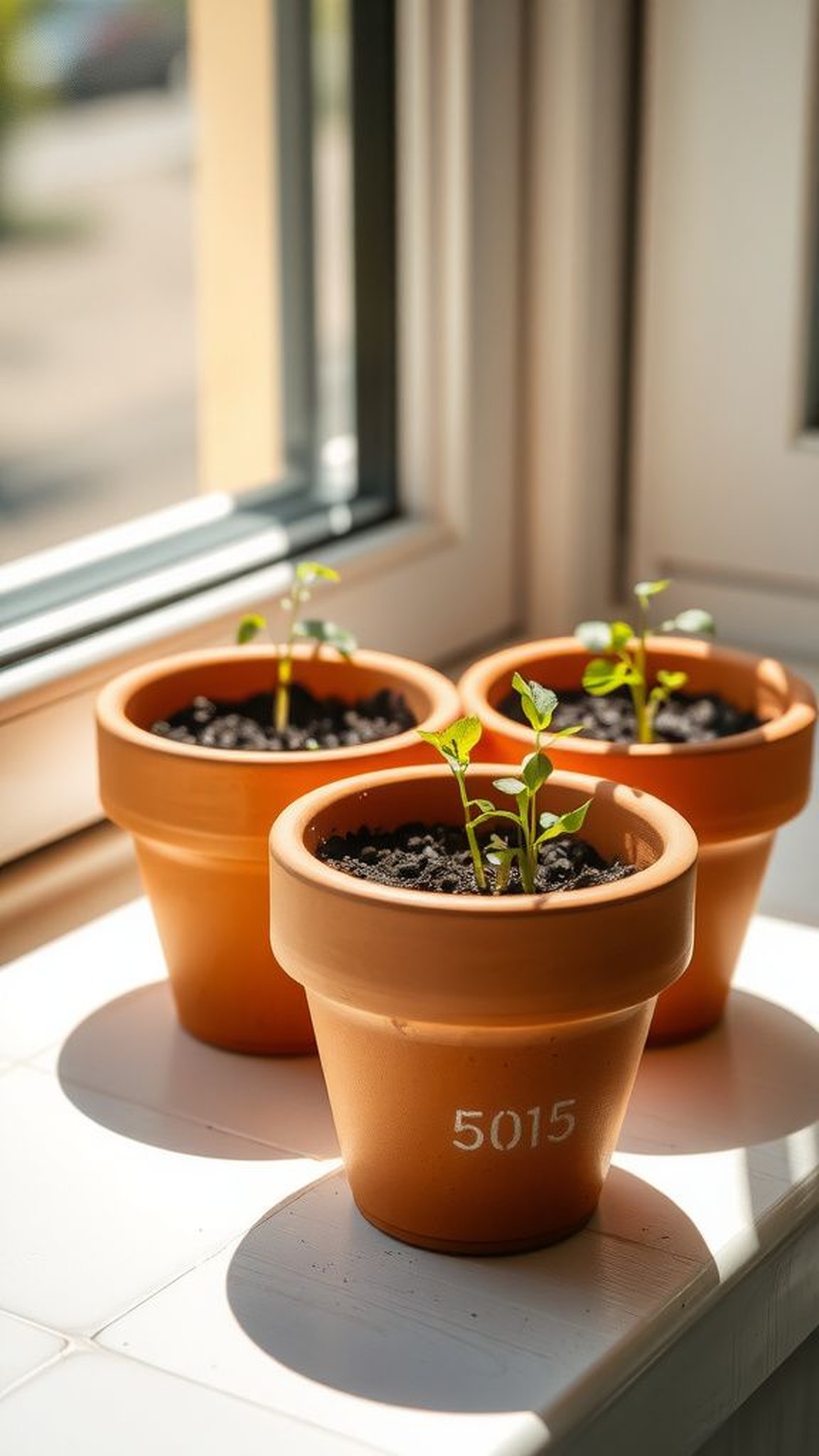 Colored terra cotta herb pots with stenciled names