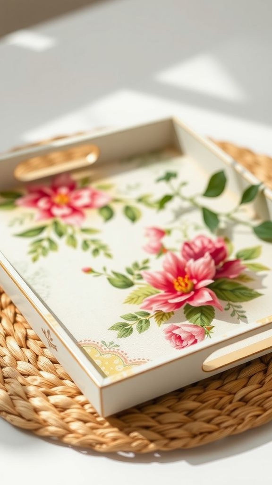 Decoupaged napkin tray with layered patterns