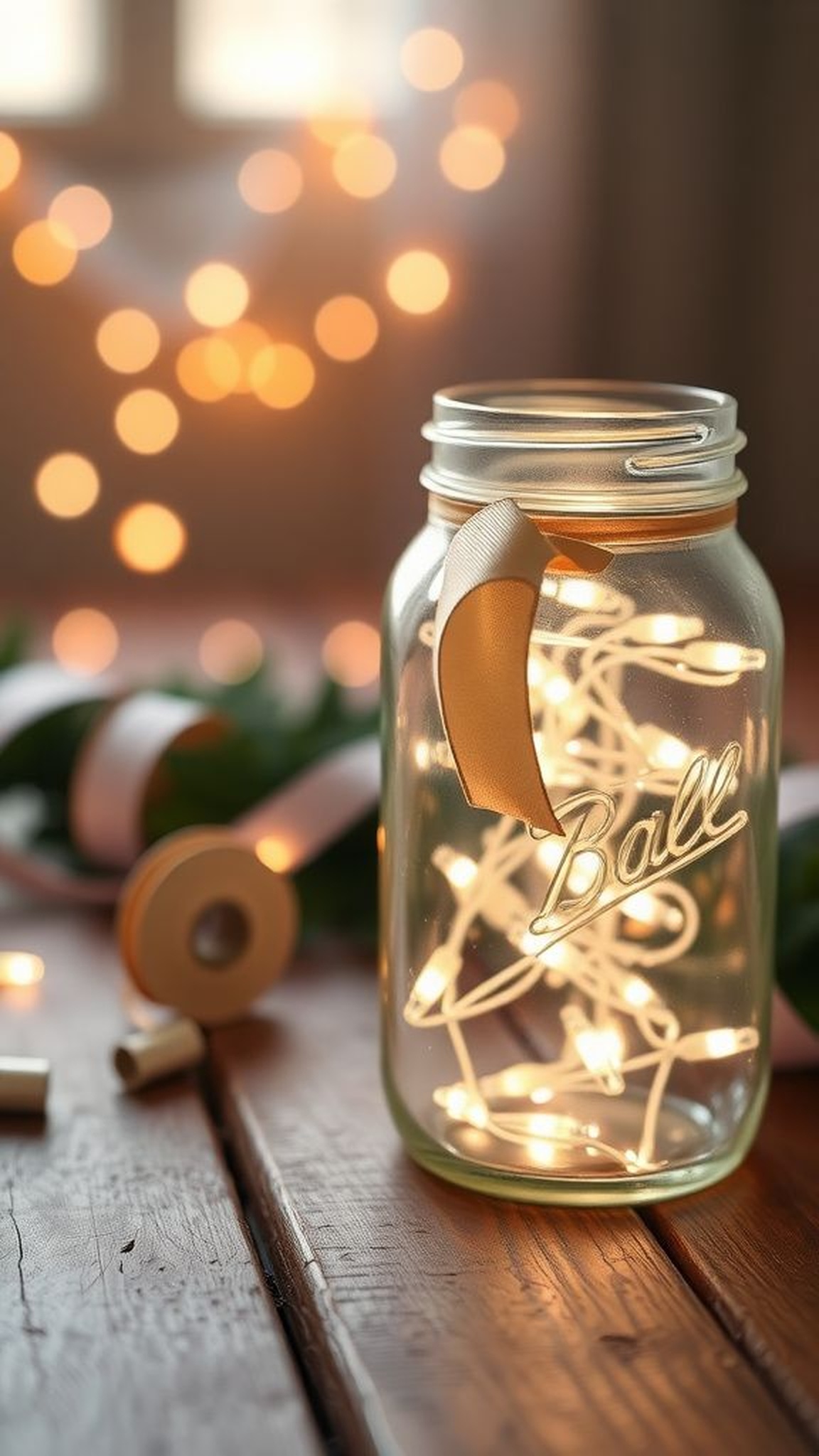 Mason jar fairy light luminary with ribbon