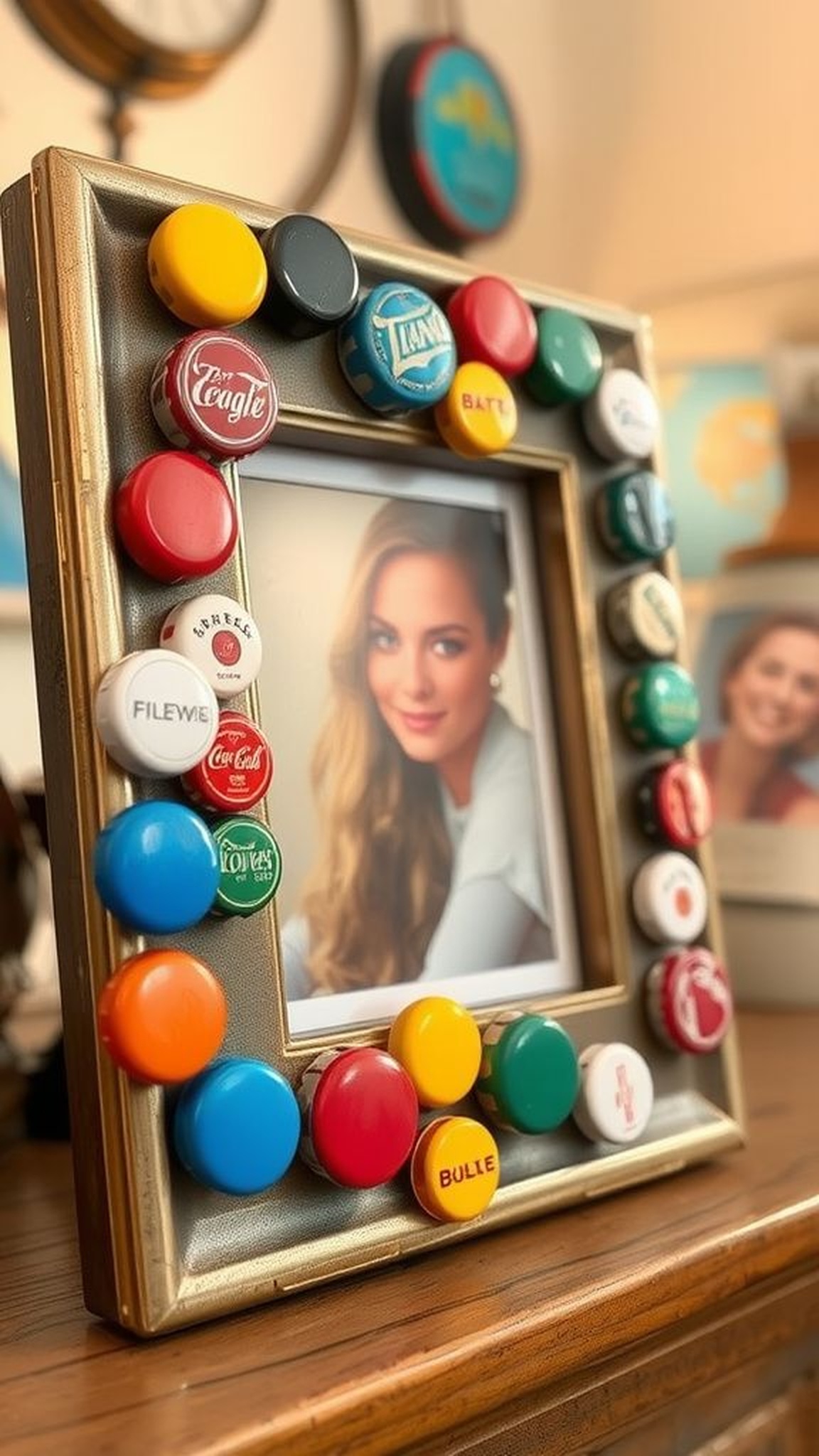 Bottle cap mosaic picture frame with crafty charm