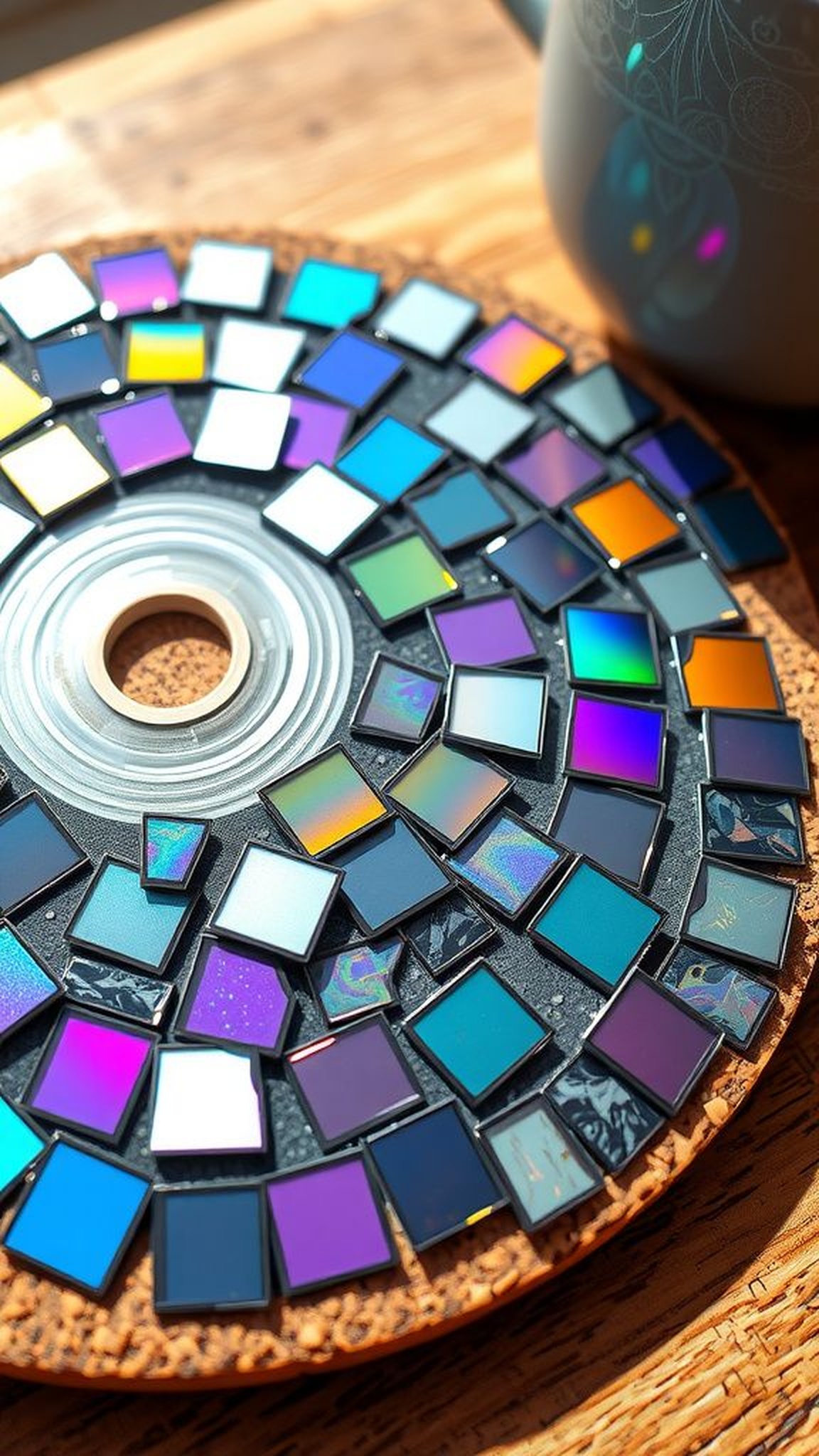 CD mosaic coaster with playful refracted light