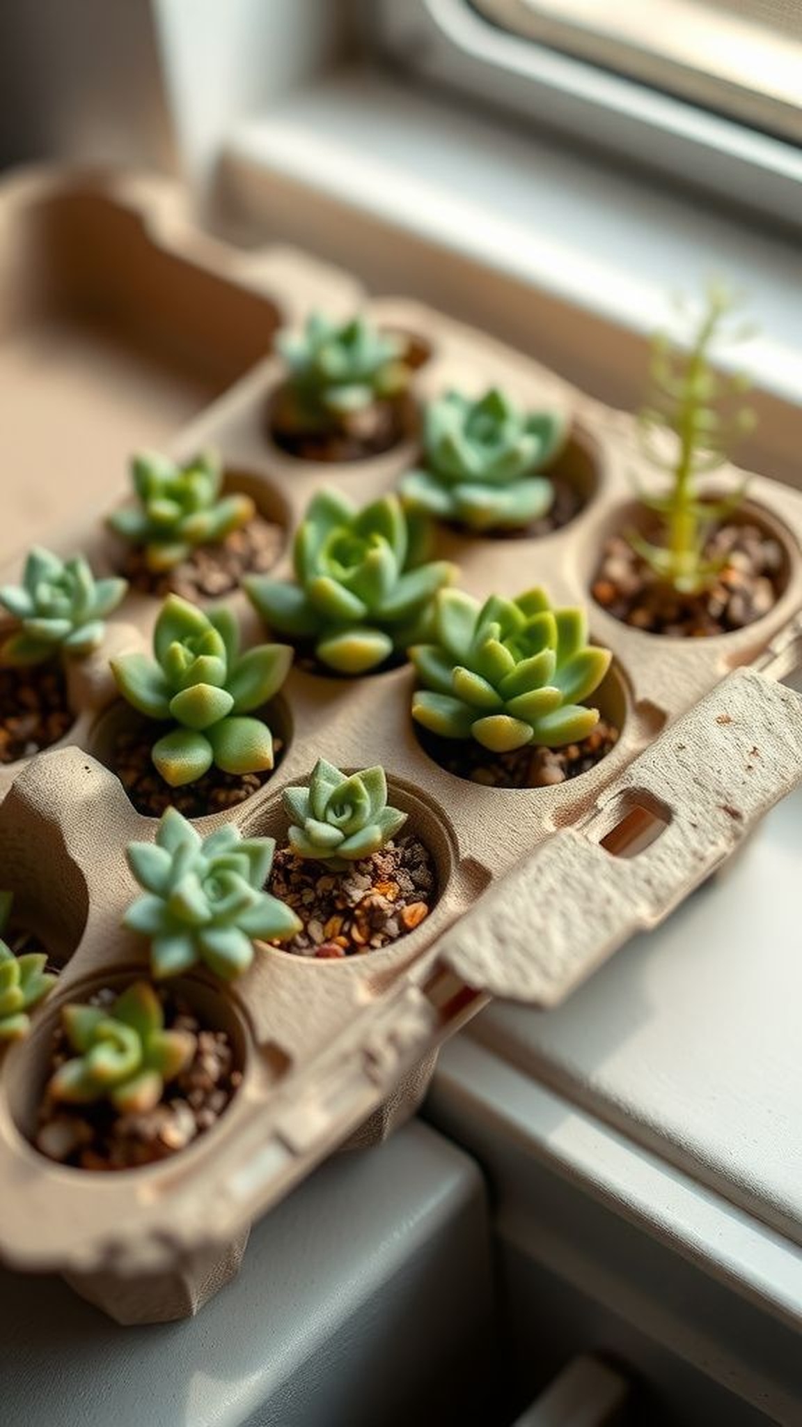 Egg carton succulent garden with soft textures
