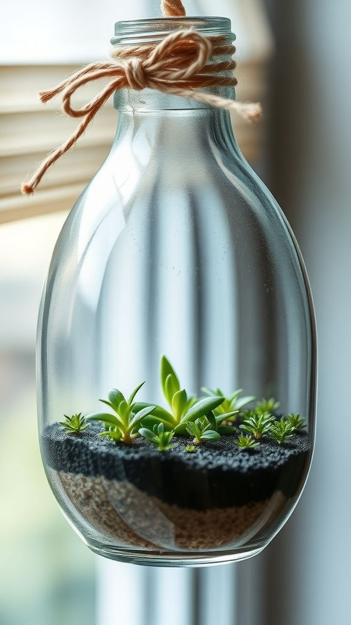 Glass bottle pendant terrarium with delicate layers