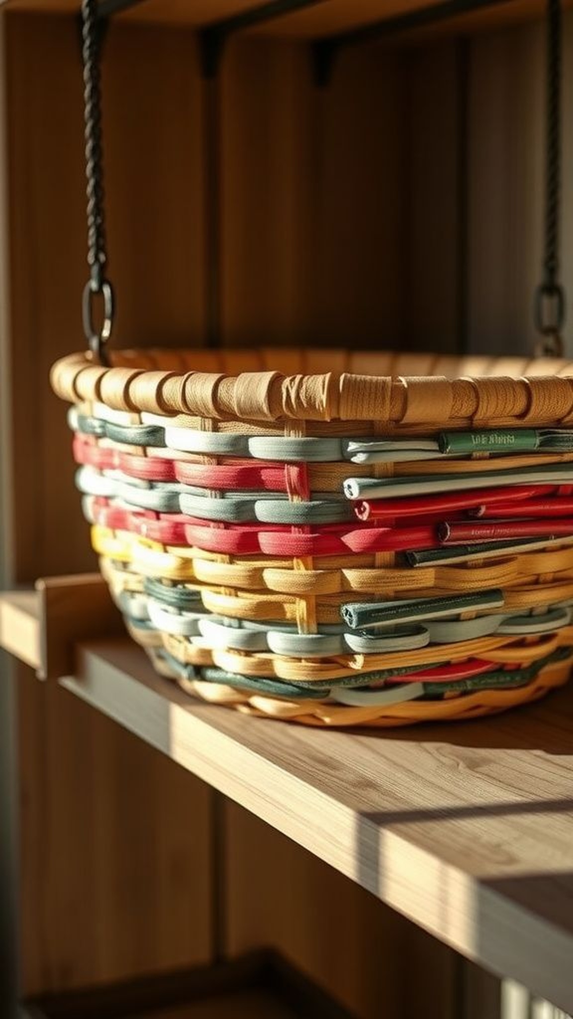 Magazine paper woven basket with bright pattern