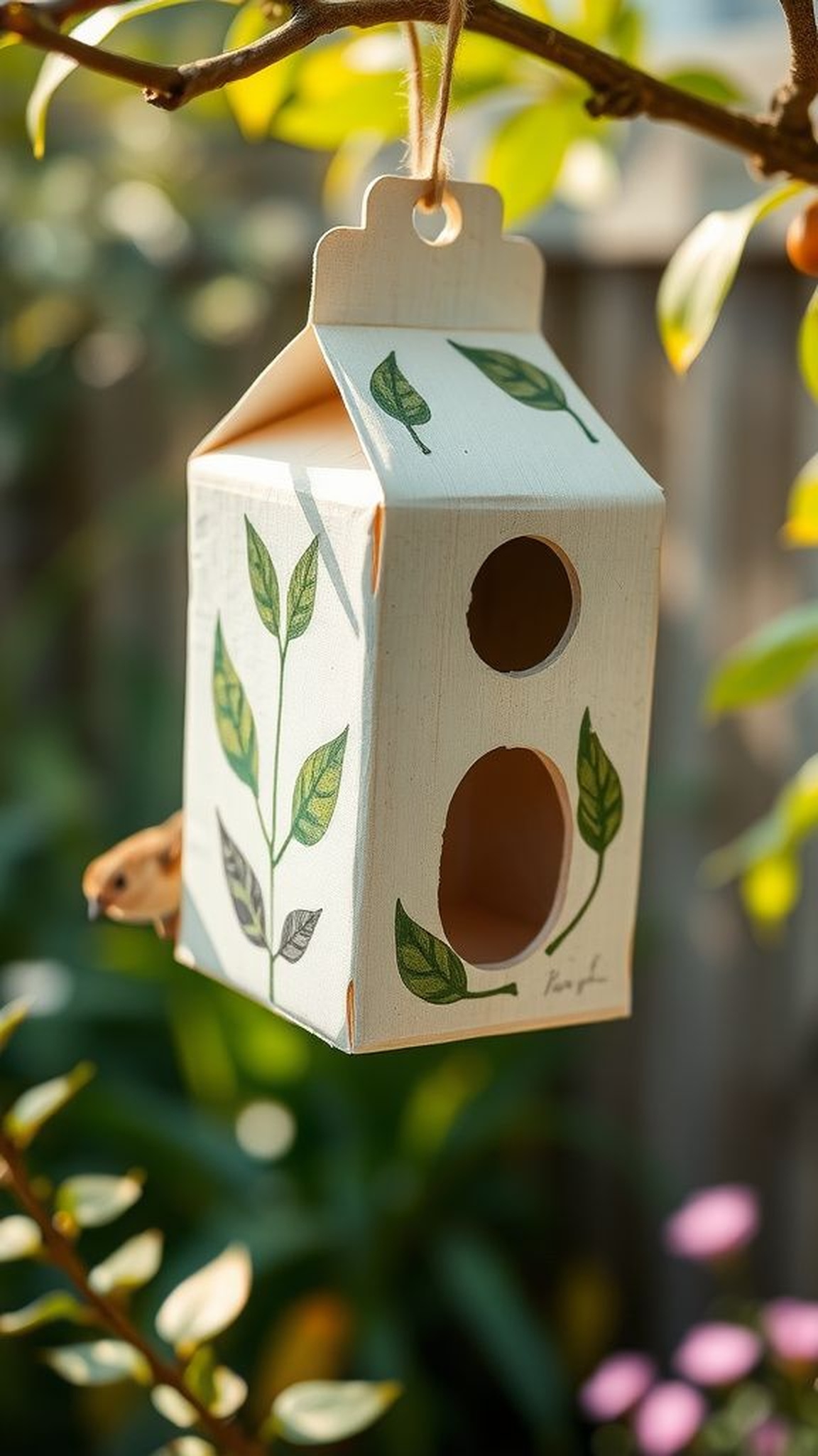 Milk carton birdhouse with painted natural motifs