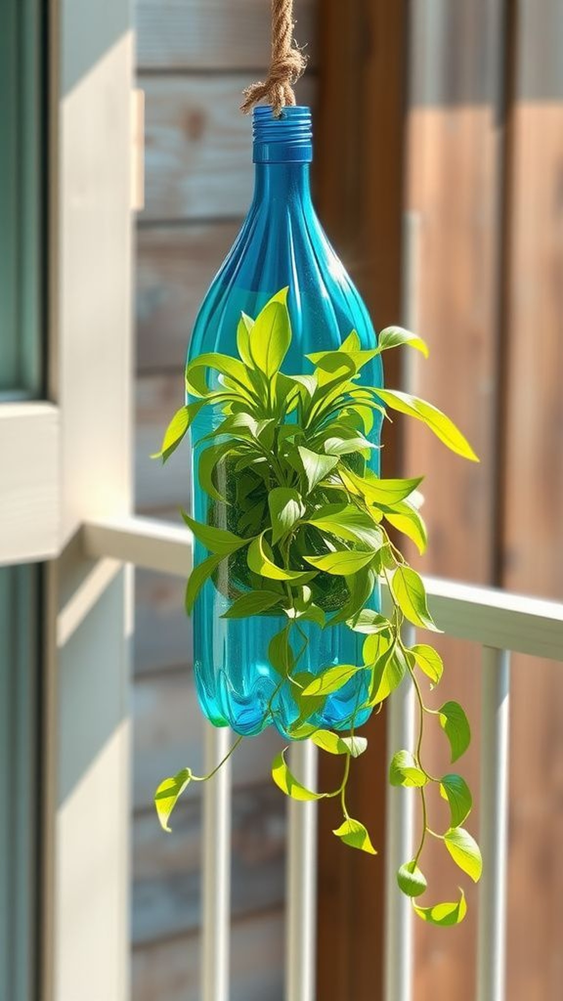 Plastic bottle hanging planter with colorful flair