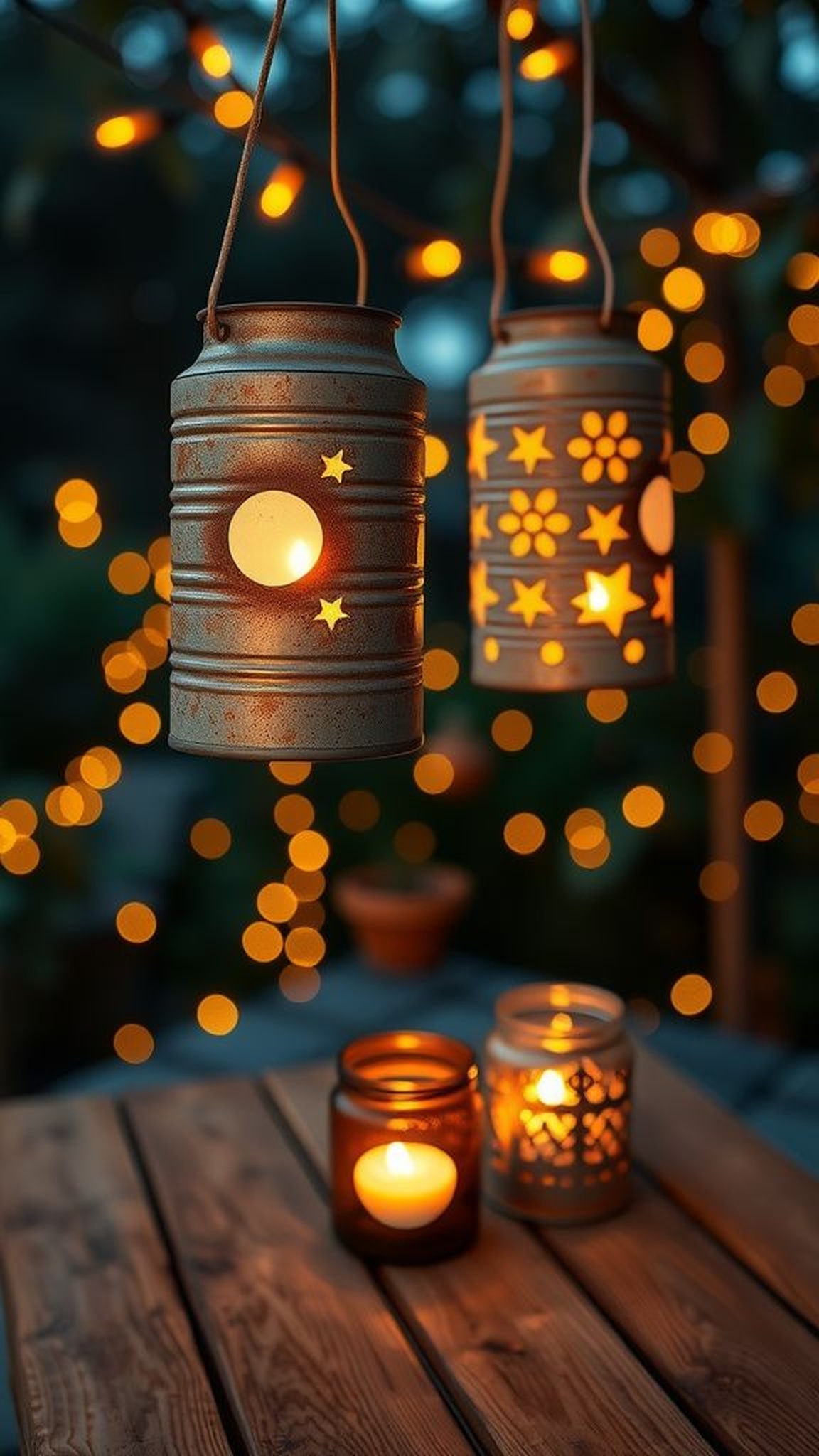 Tin can lanterns casting warm recycled light