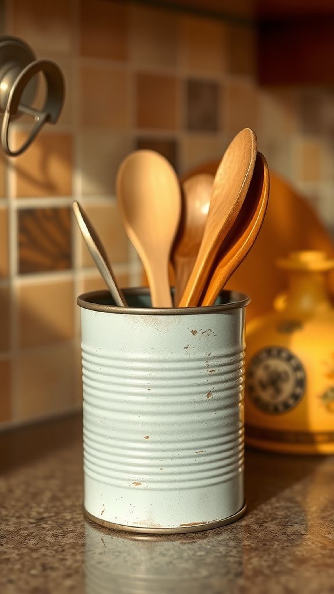 Tin can utensil holder with hammered texture
