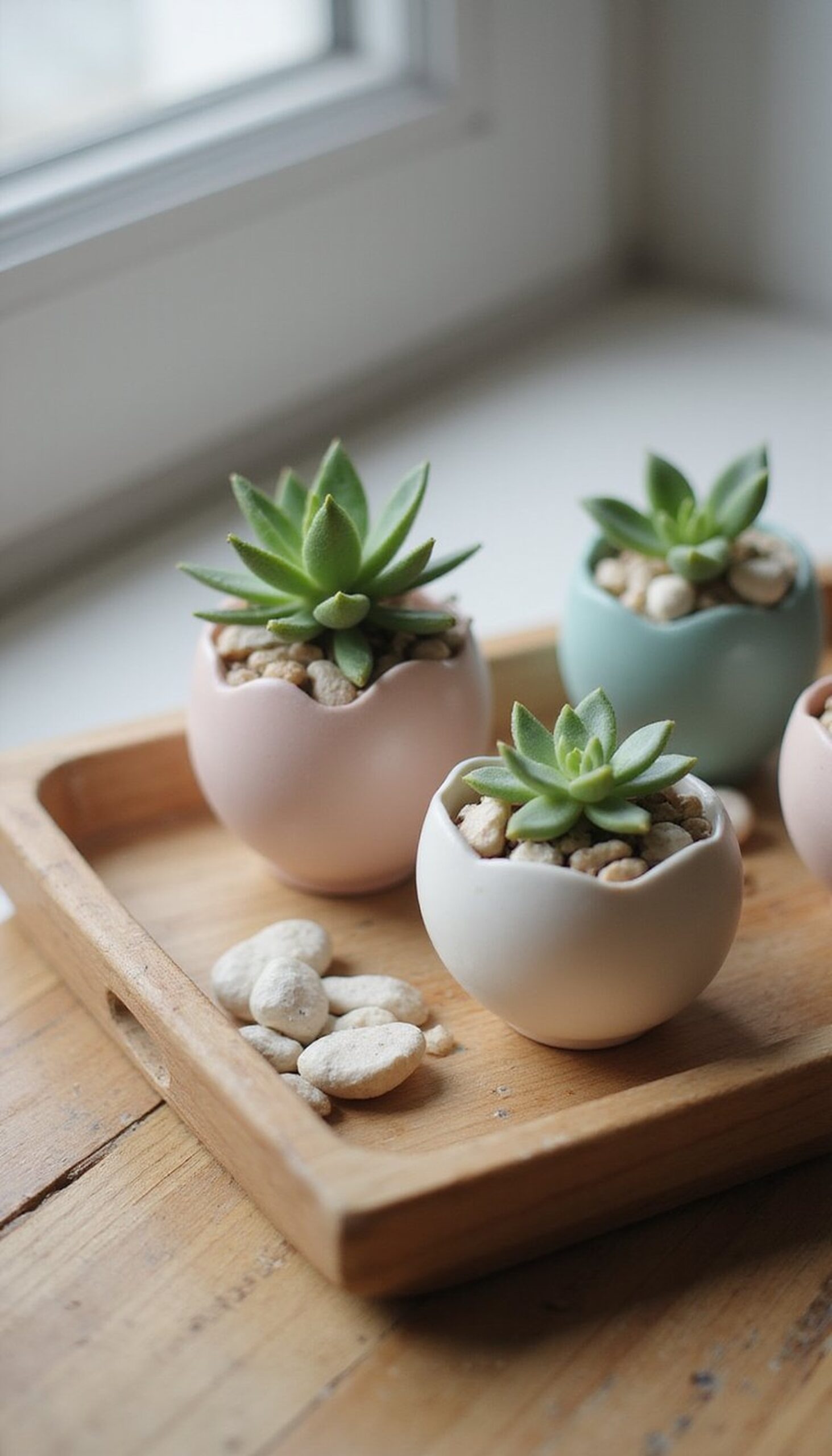 Eggshell succulent planters on wooden tray
