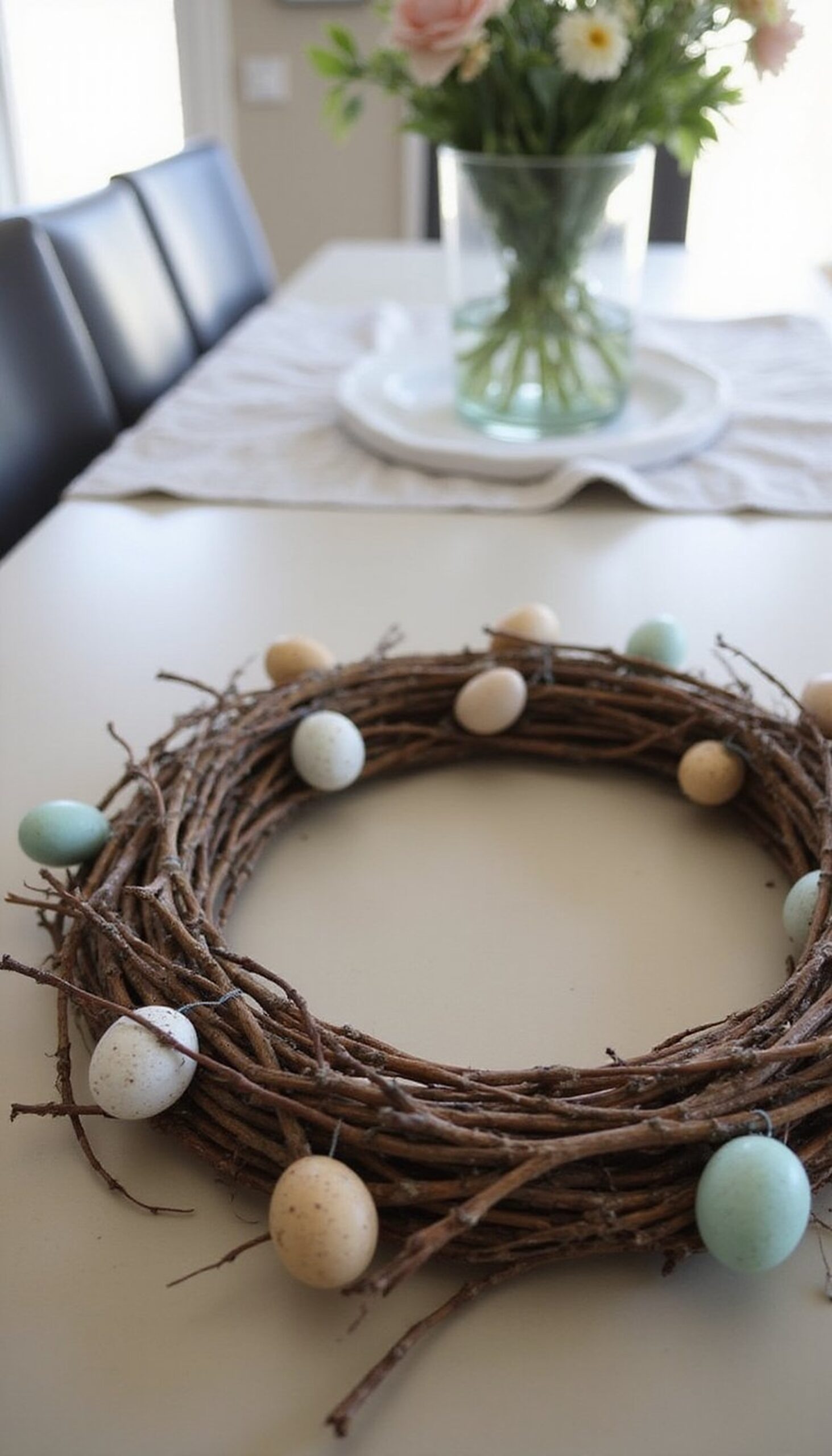 Foraged twig wreath with tiny hanging eggs