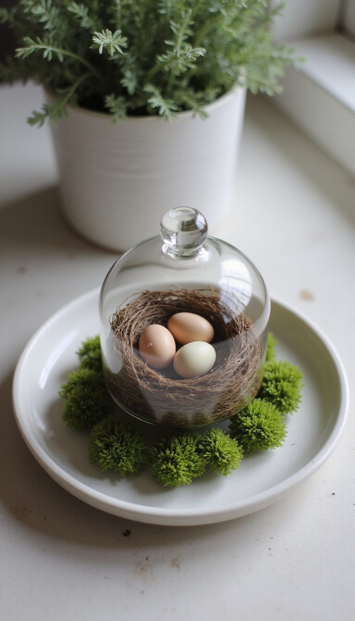 Glass cloche with moss, bird’s nest, eggs