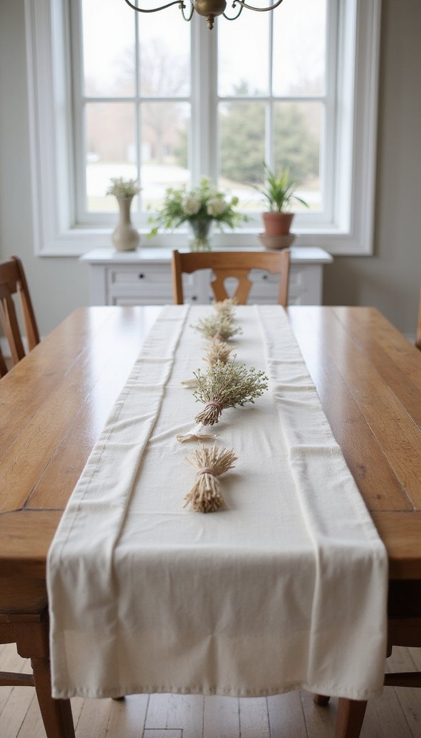 Linen runner layered with dried flower bundles