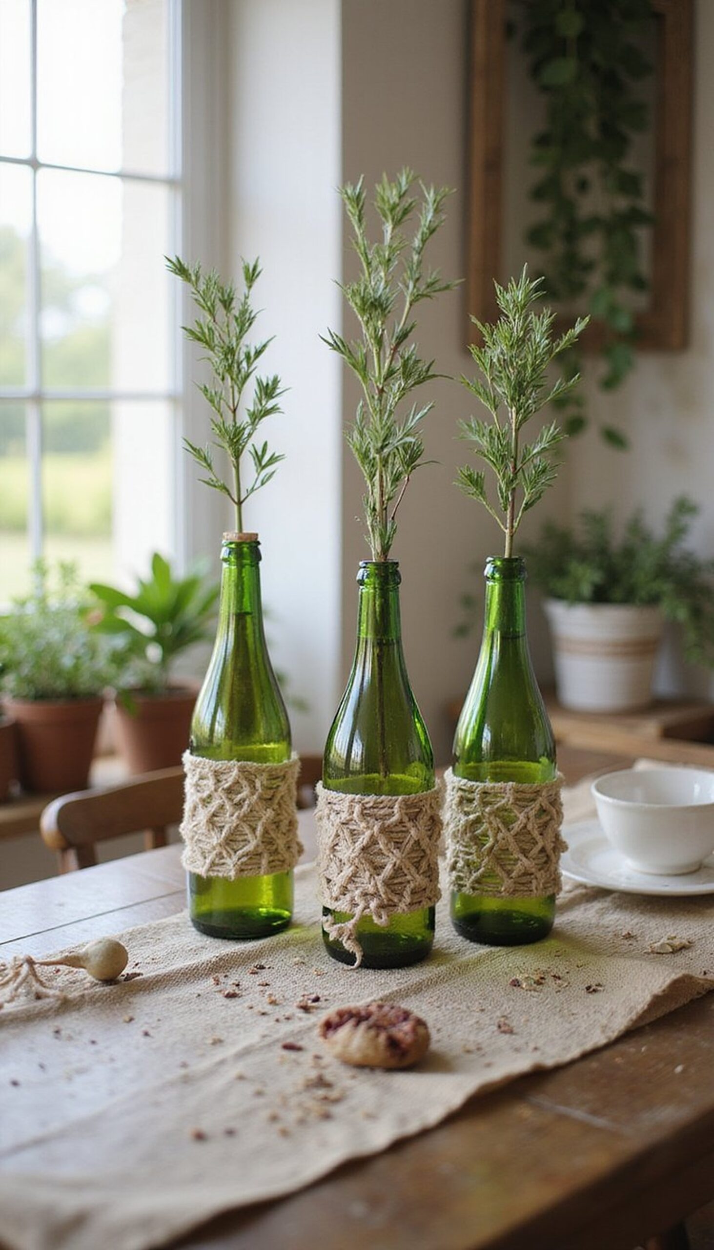 Macramé-wrapped bottles for boho table scenes