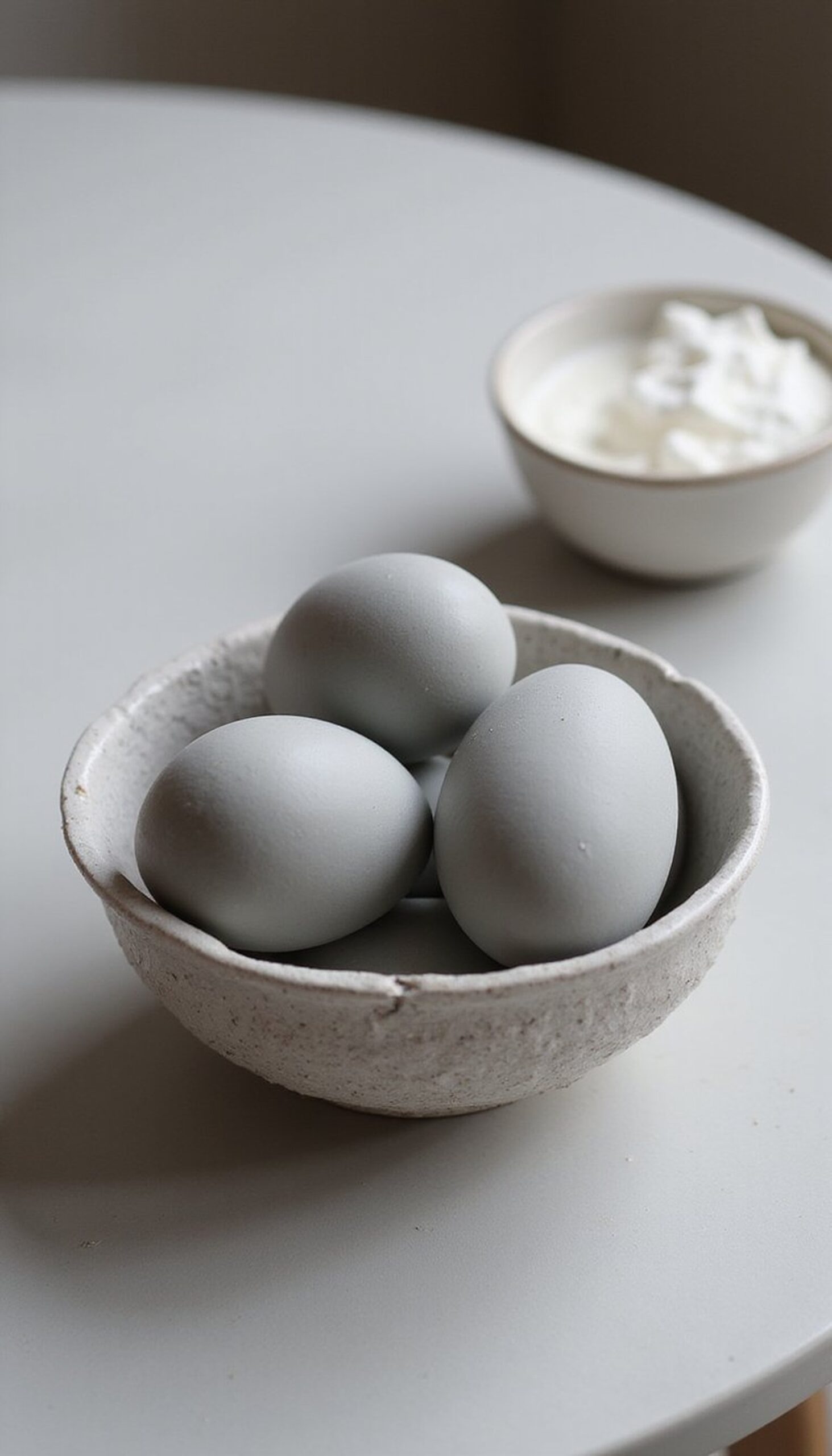 Minimalist monochrome eggs in a bowl