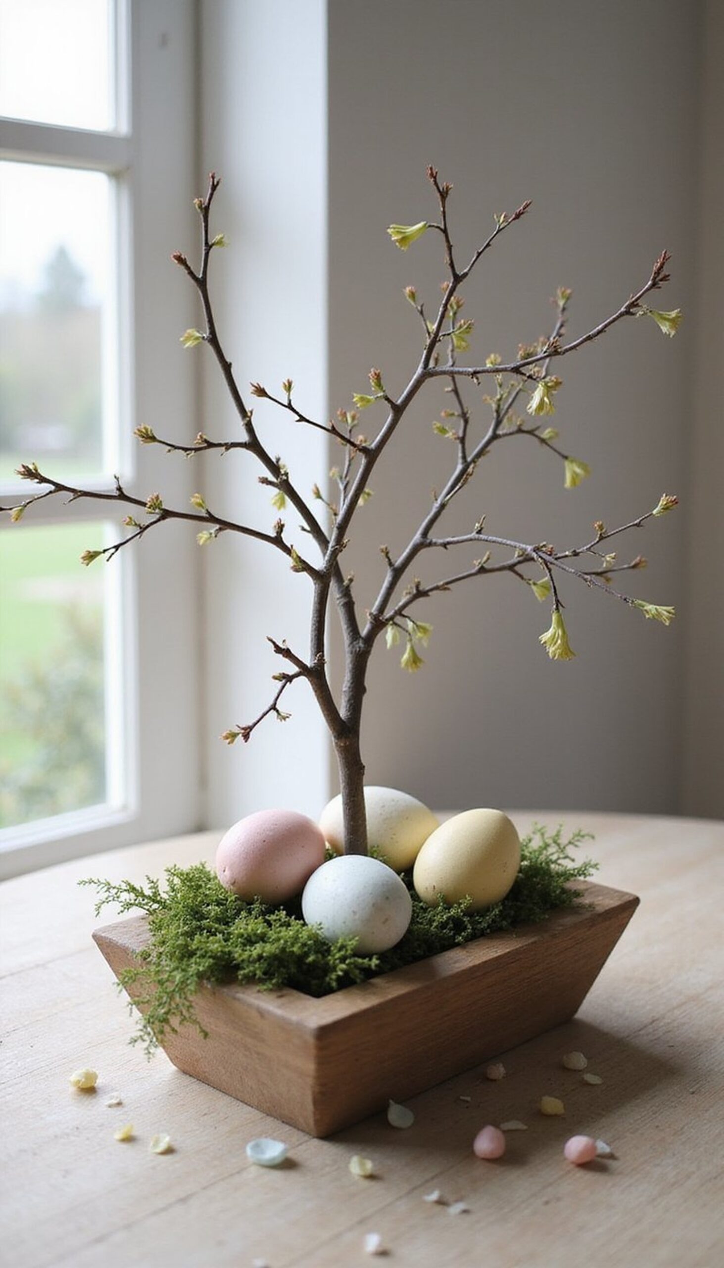 Moss, branches, and pastel eggs centerpiece
