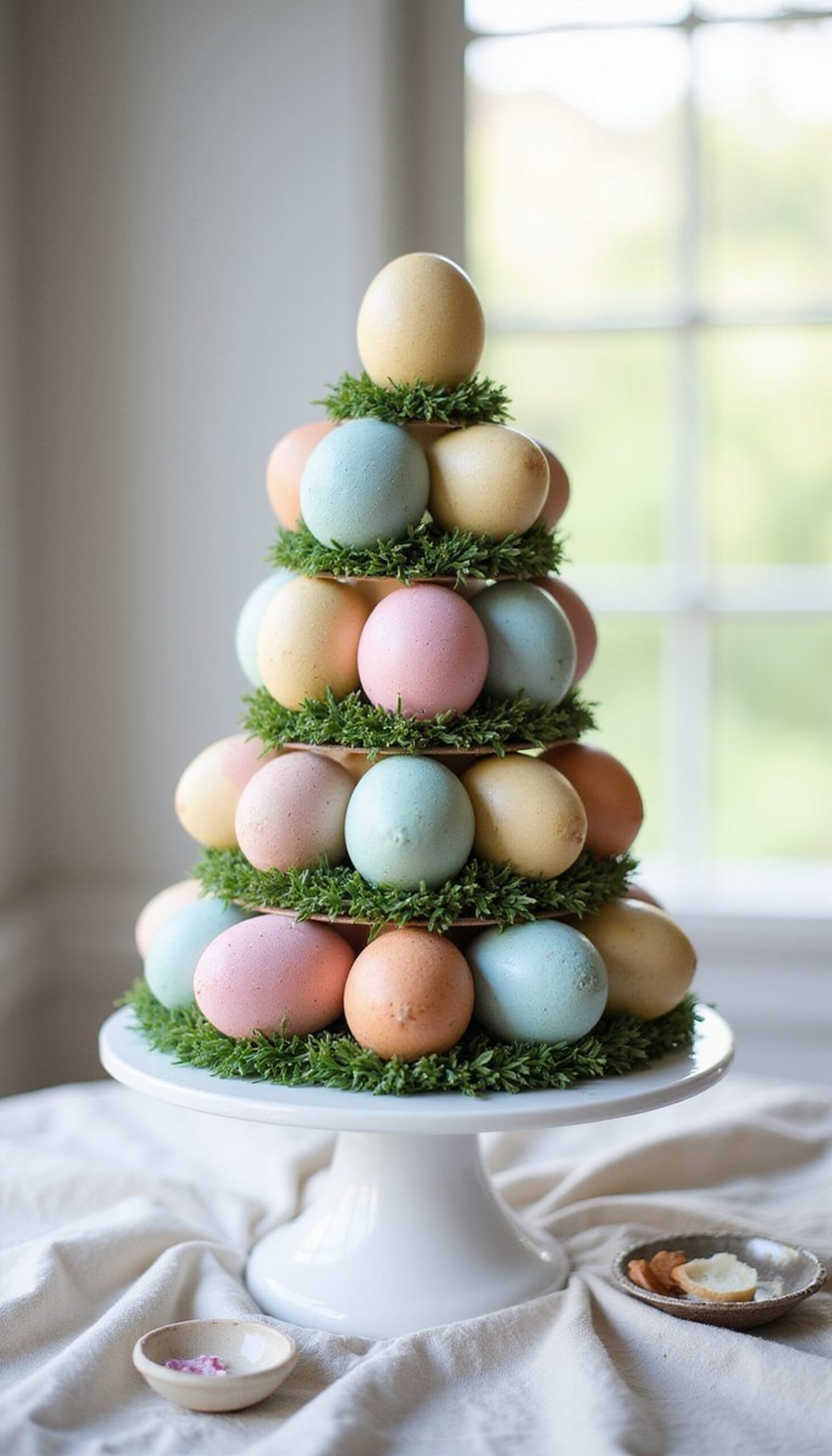 Ombre dyed egg tower on a cake stand