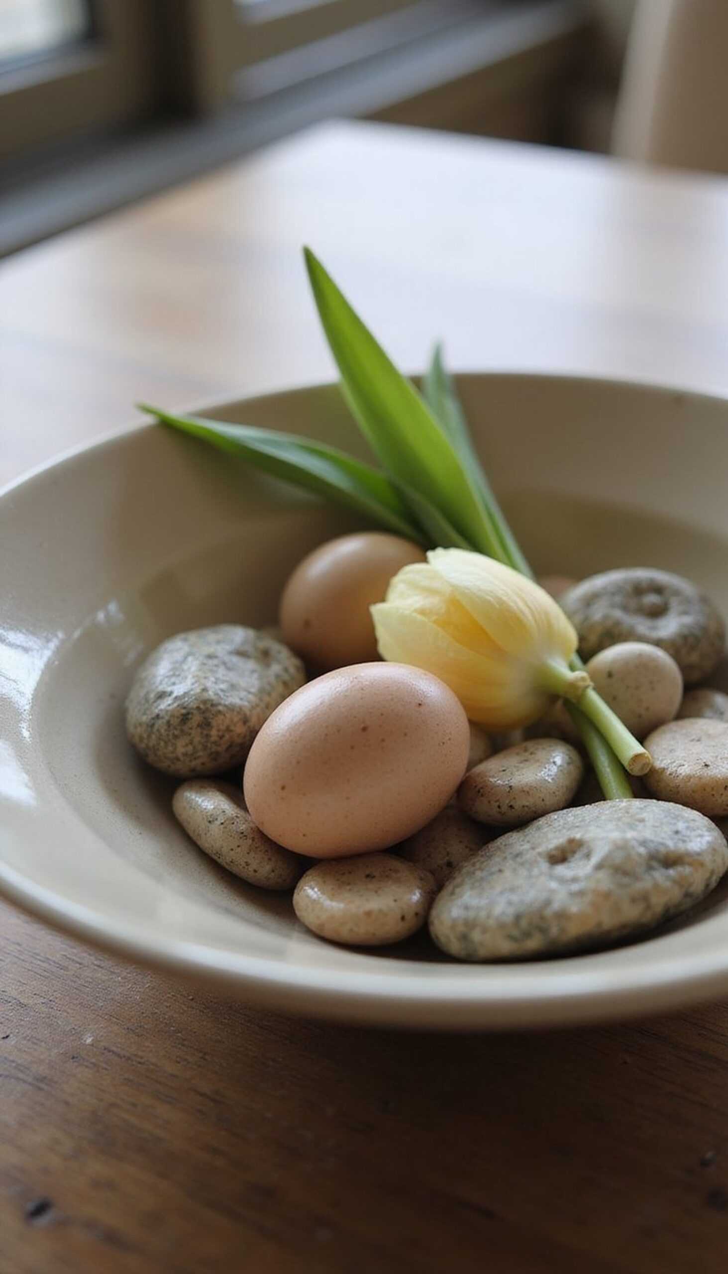 Polished pebble bowl with single stem accents