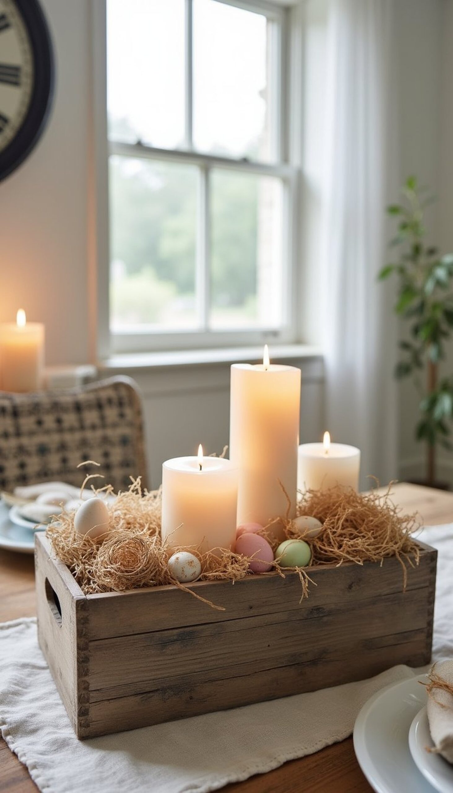 Rustic wooden crate with nests and candles