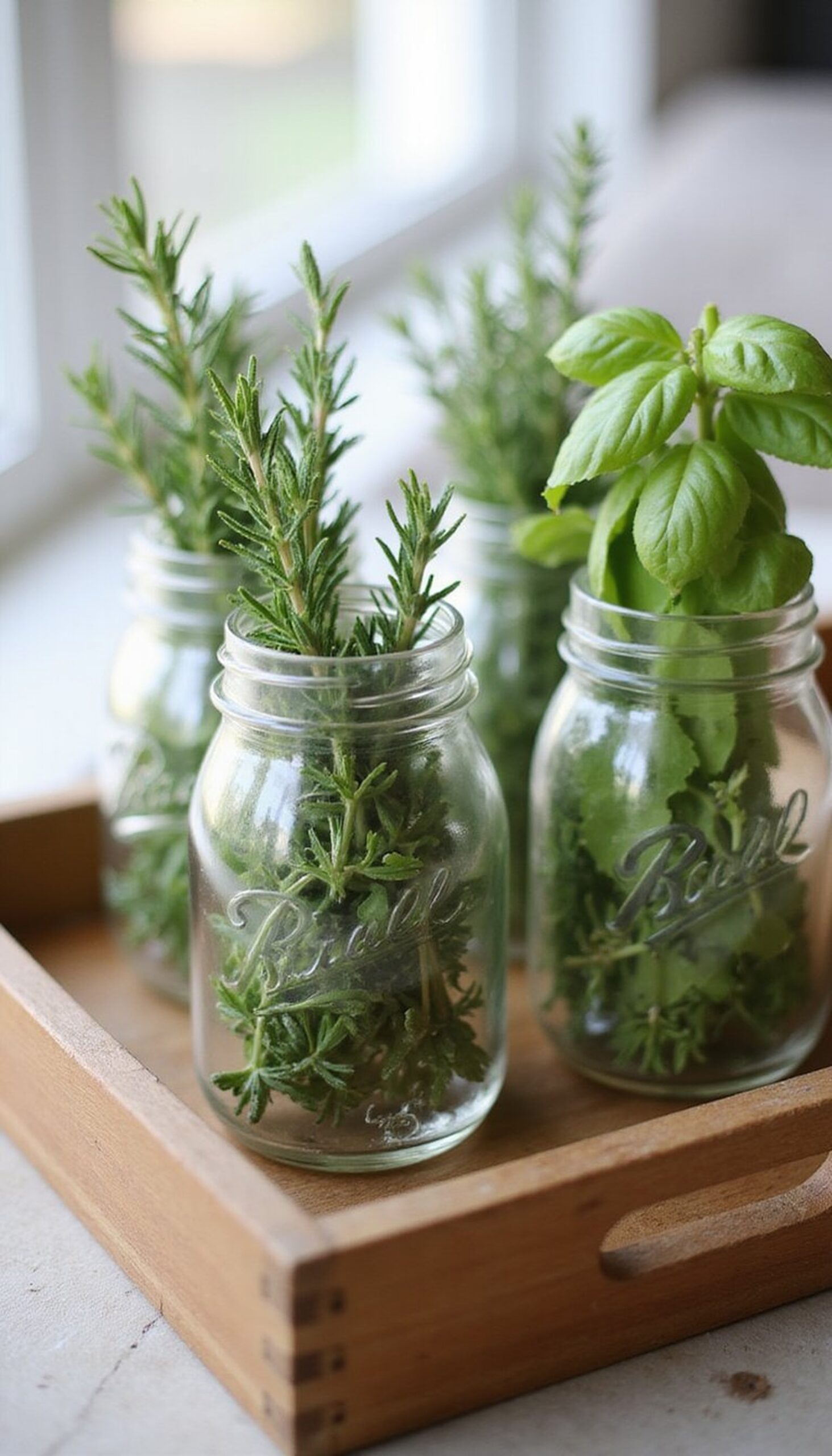 Simple herb garden jars as a centerpiece