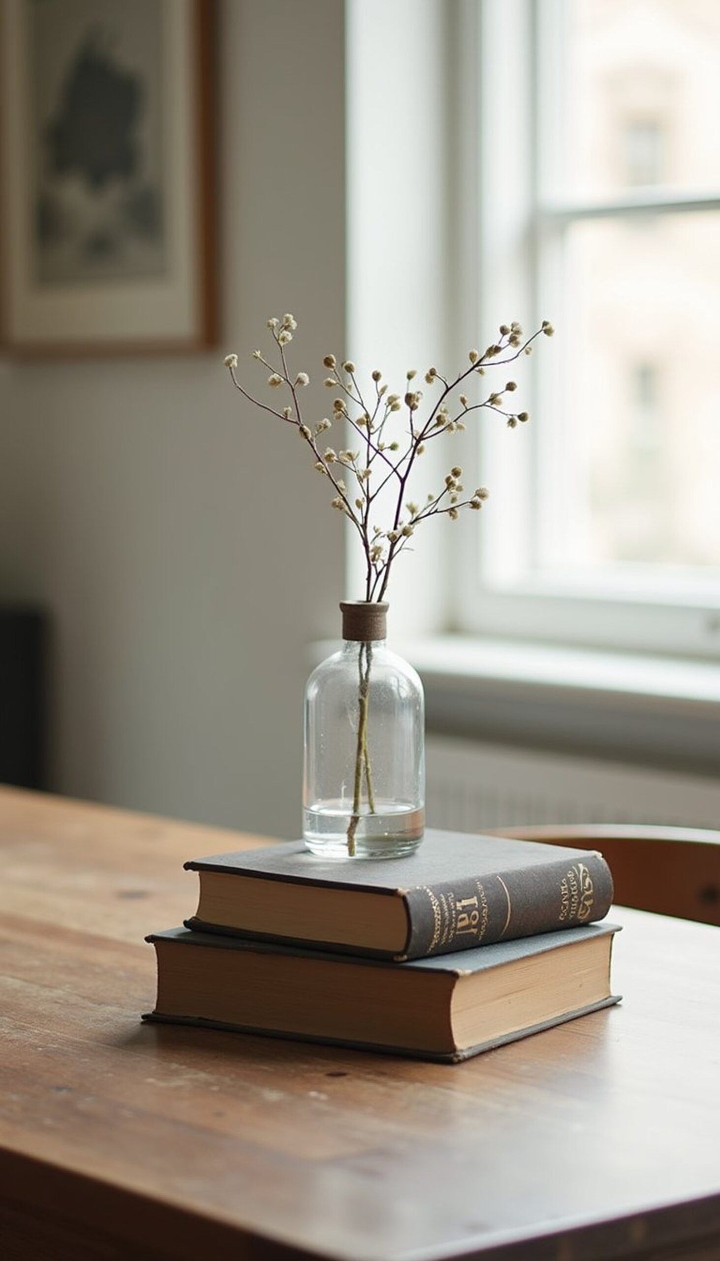 Vintage book stacks topped with bud vases