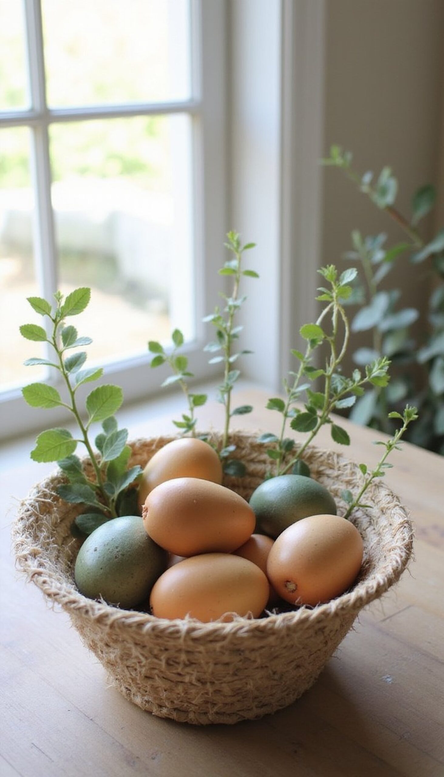 Woven basket filled with eggs and greens