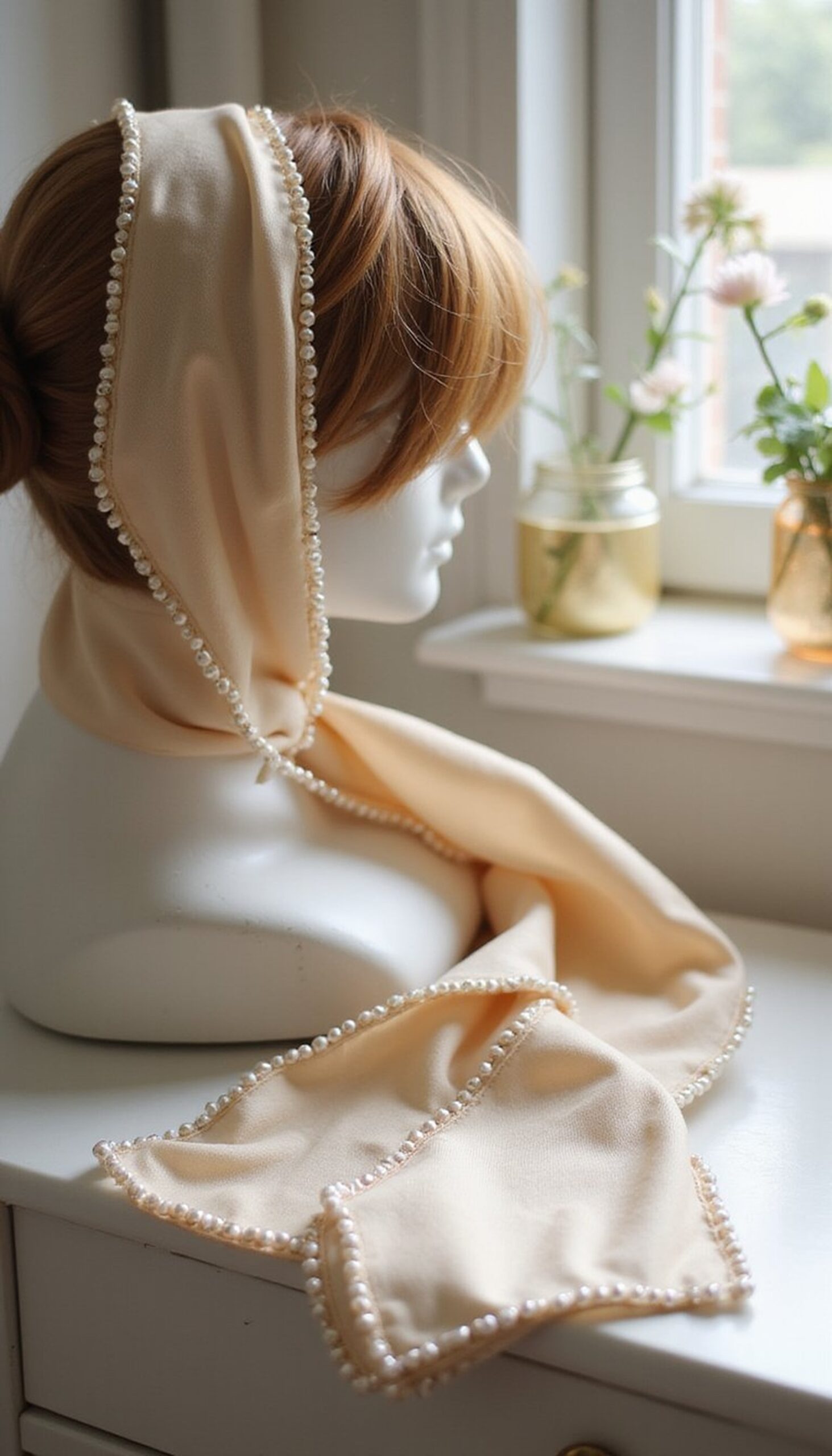 Pearl-Trimmed Hair Scarf: Vintage Vibes