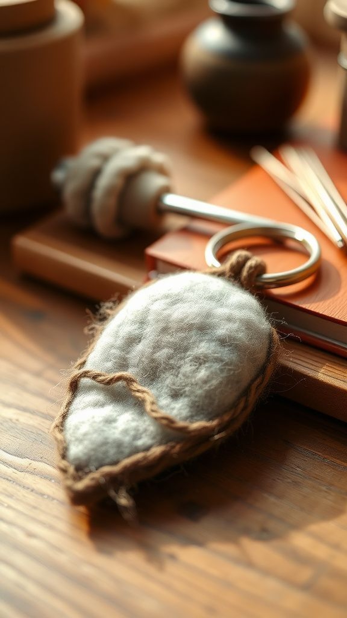 Felted wool keychain with cozy tactile charm