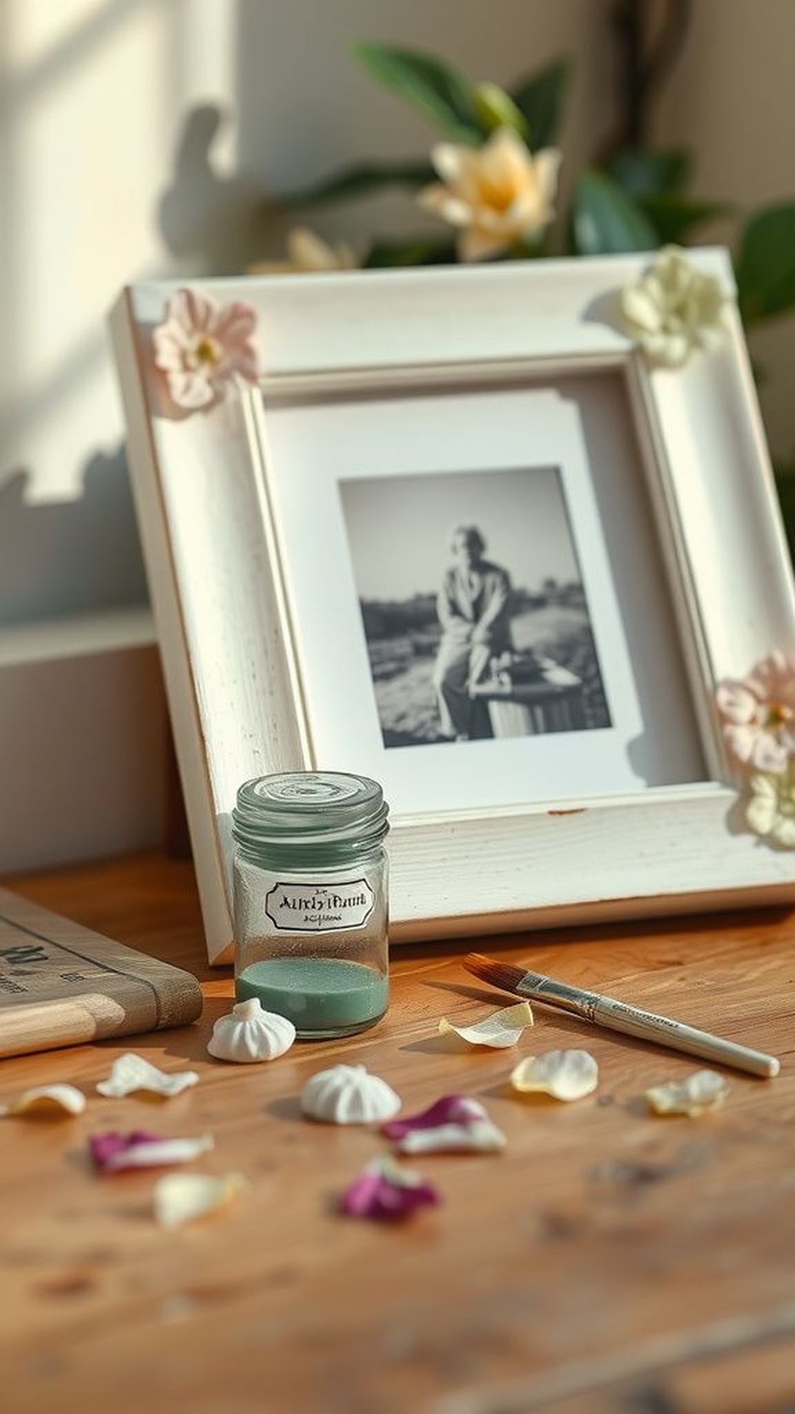 Hand-Painted Wooden Photo Frame with Floral Accents