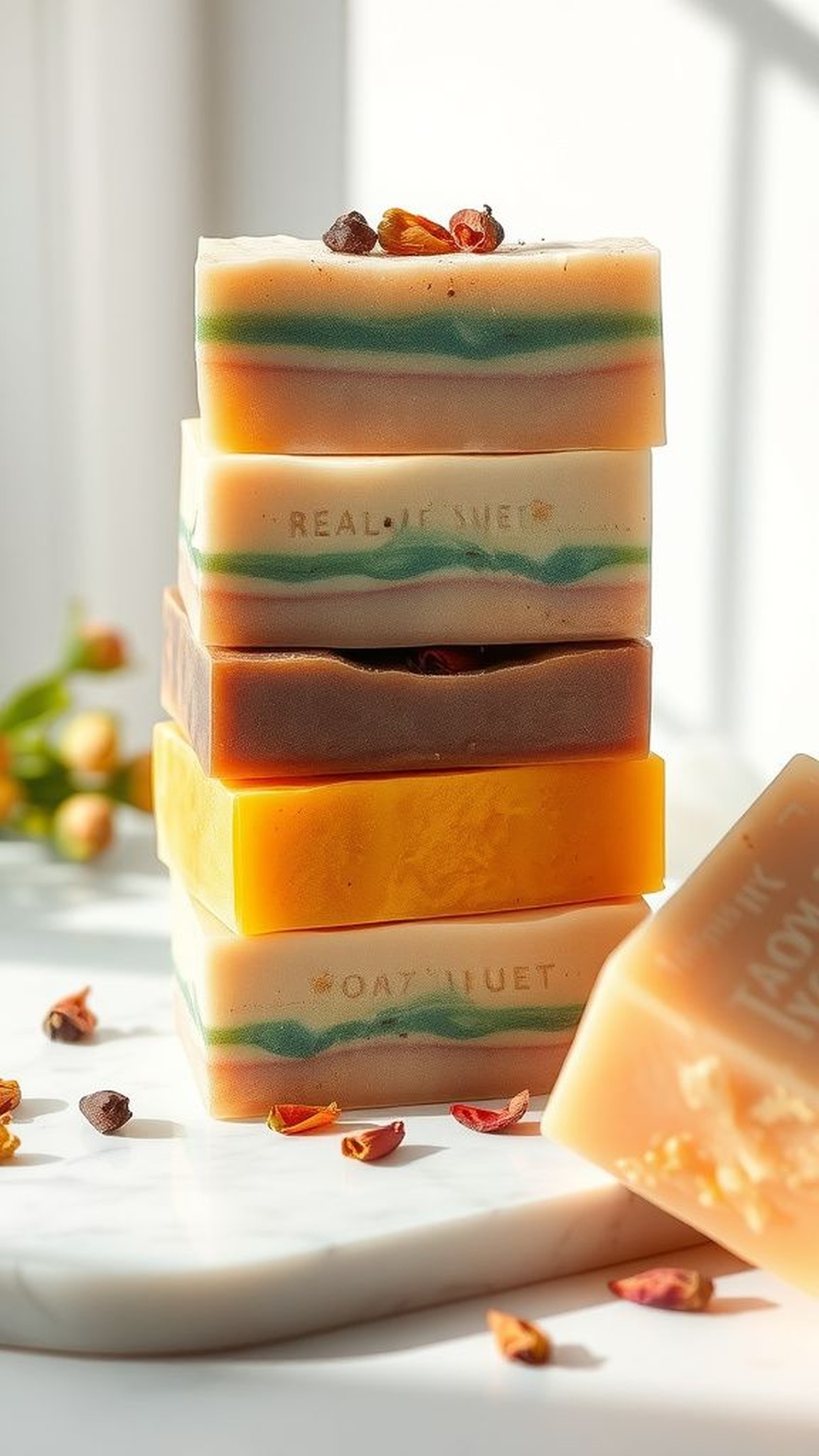 Handmade soap bars with layered colors and scent