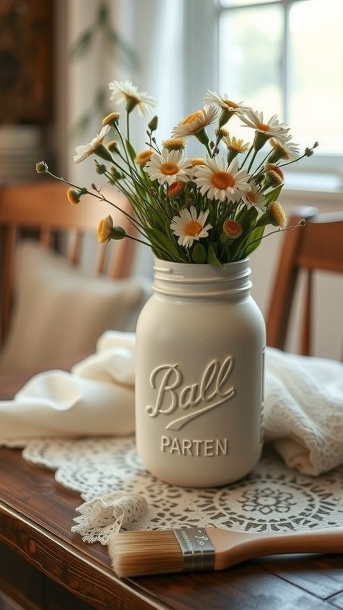Lace-dipped mason vase with romantic edge