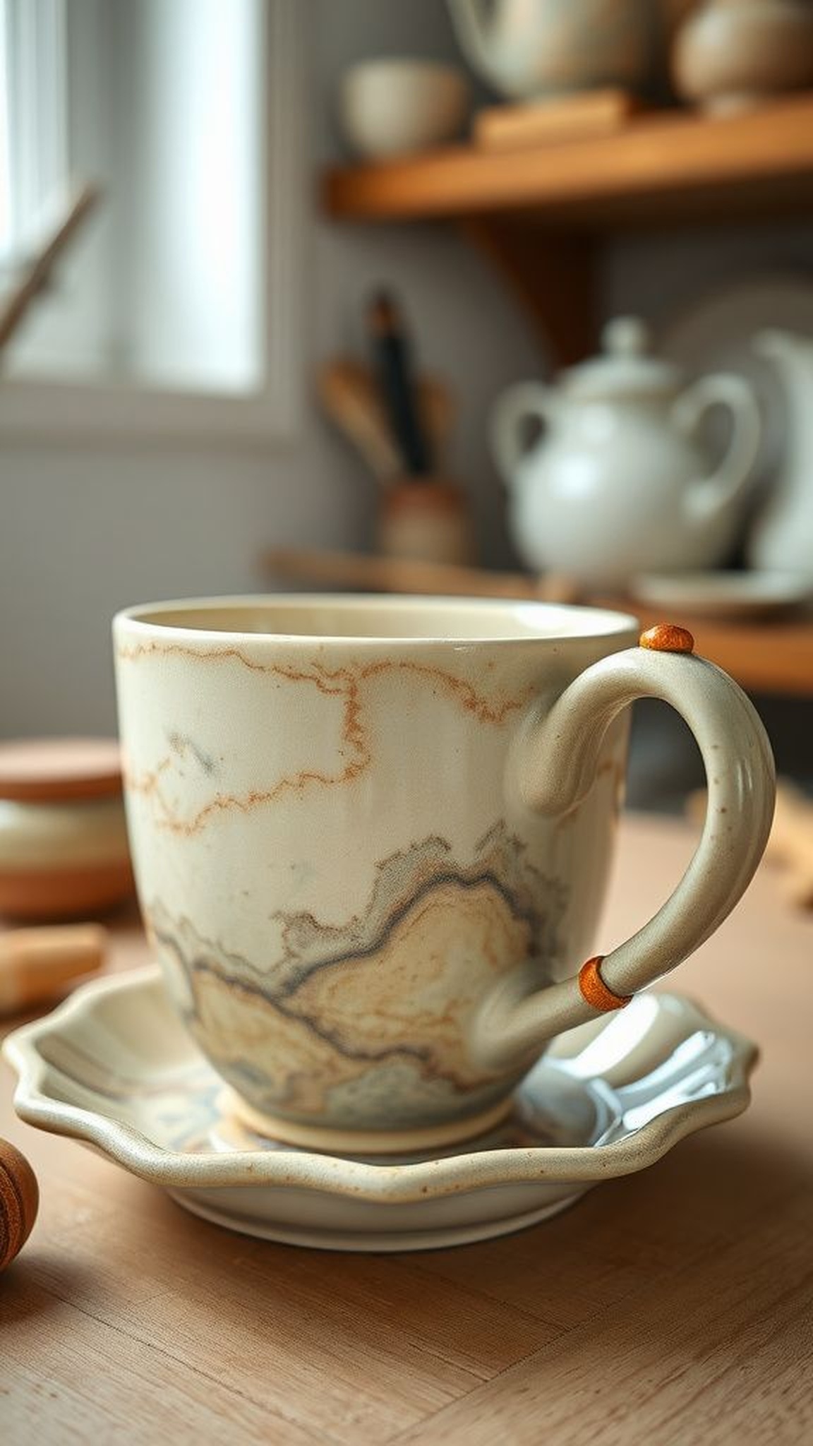 Marbled mug with polymer clay bead handle accents