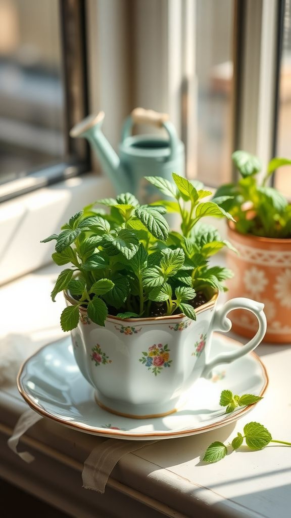 Mini herb garden planted in a vintage teacup