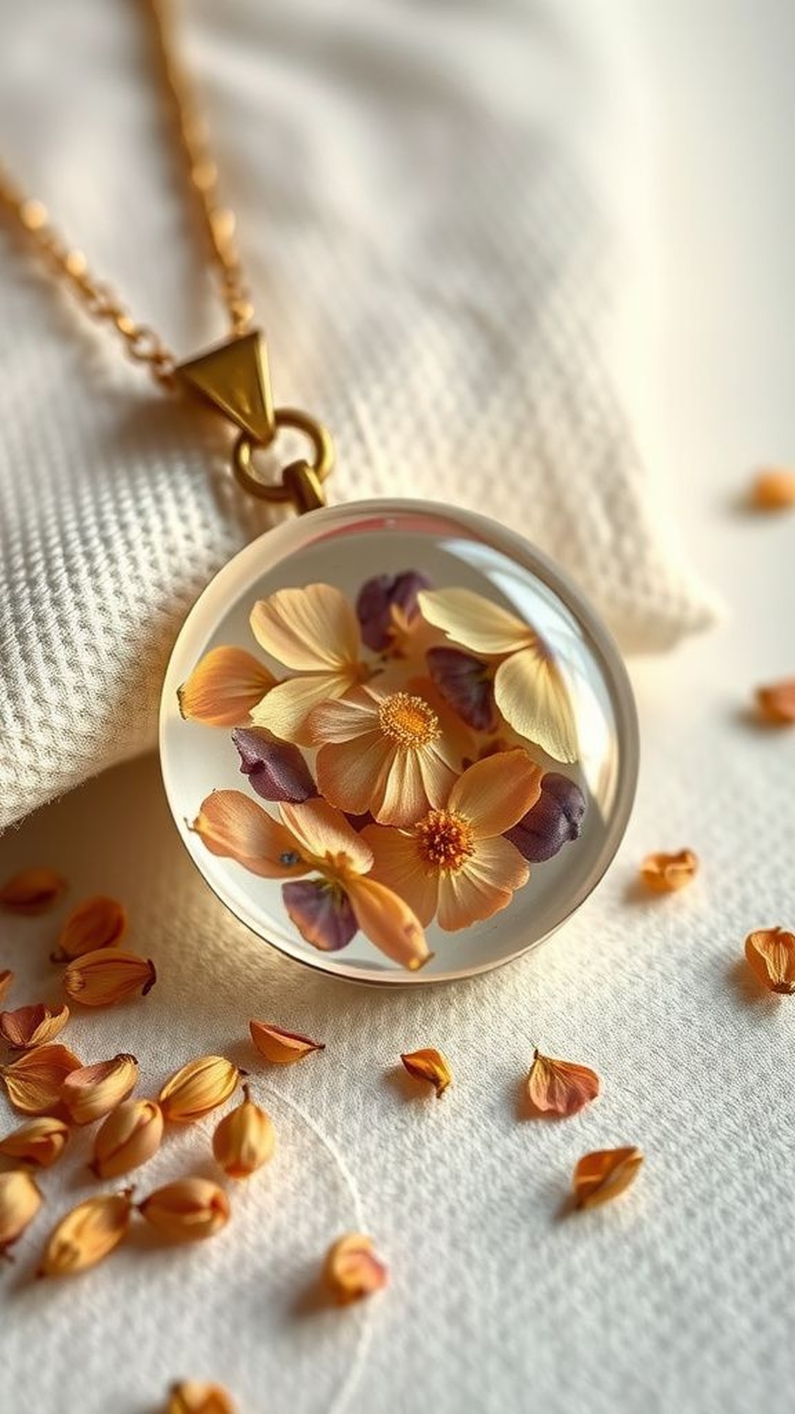 Pressed flower resin pendant with gentle hues