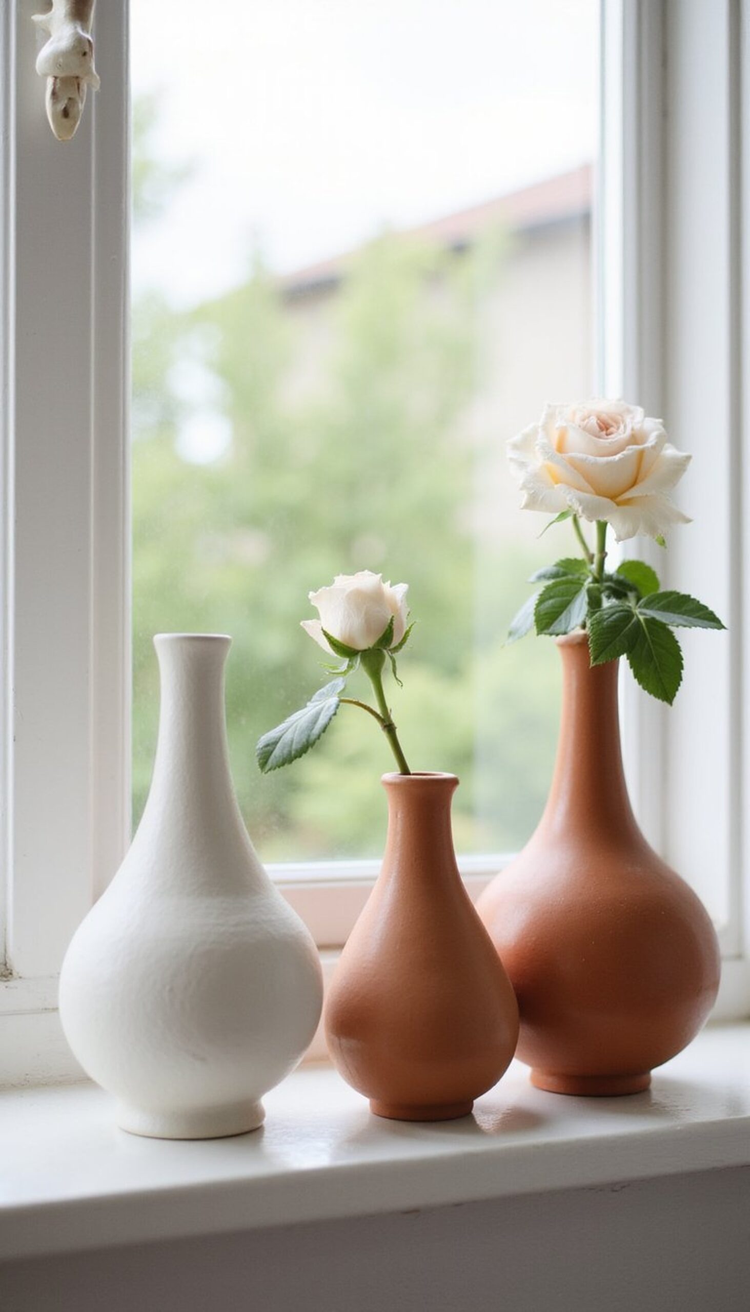 Baked clay bud vases with small roses