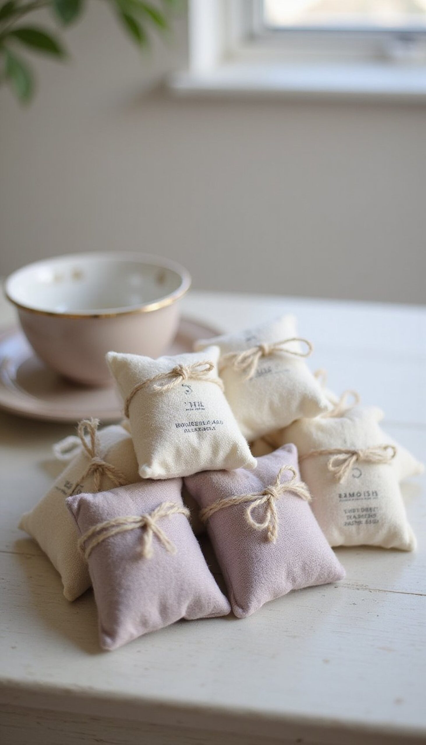 Botanical tea sachets wrapped in linen for bedside