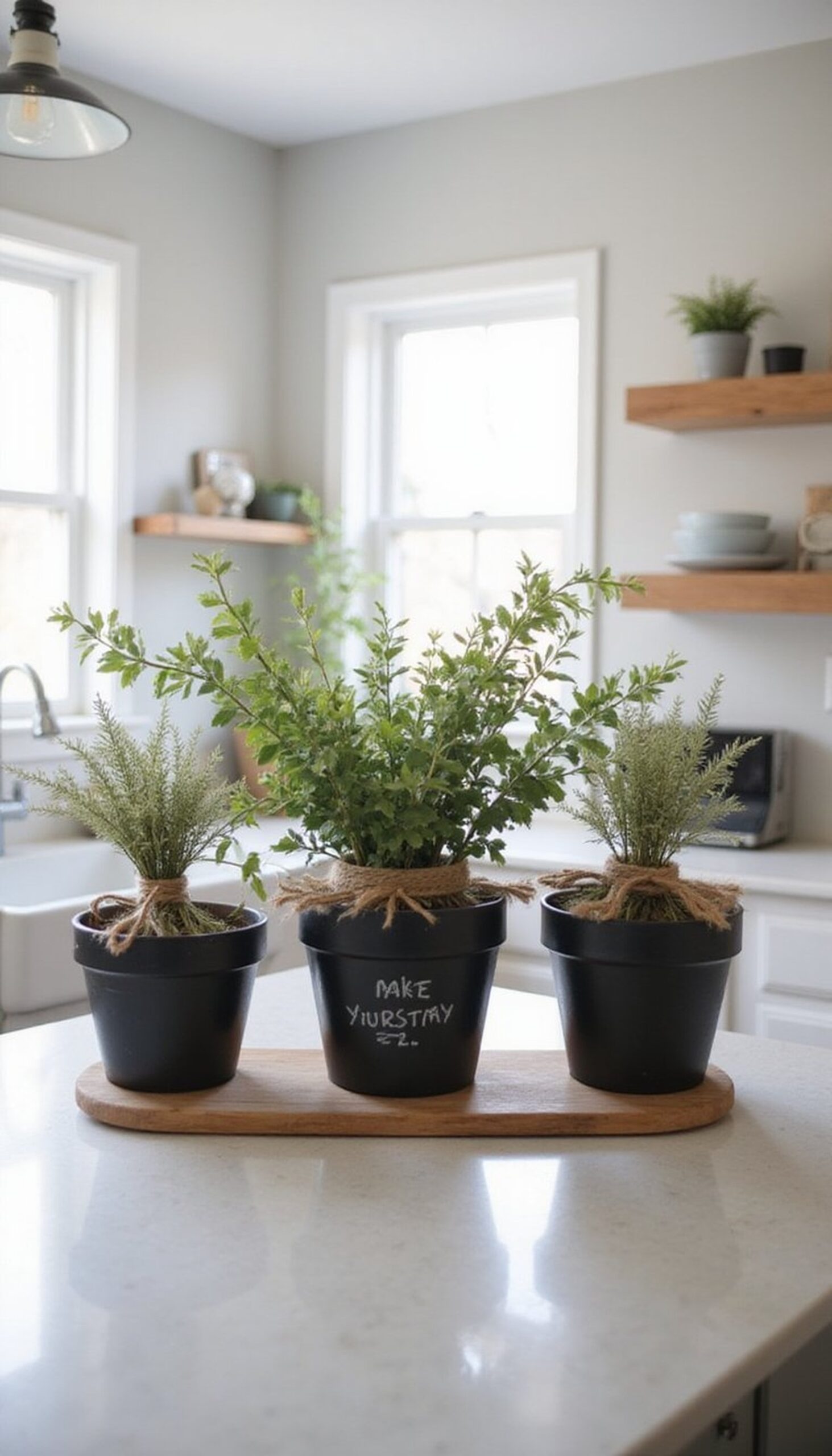 Chalkboard pots with seasonal stems and twine