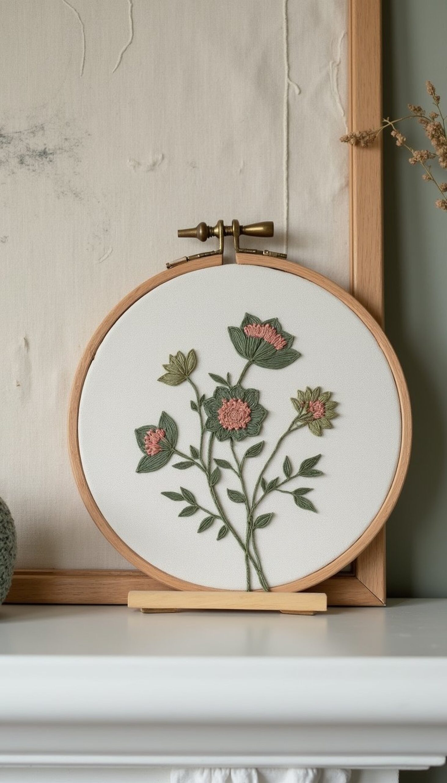 Embroidered hoop with tiny blossoms for mantel