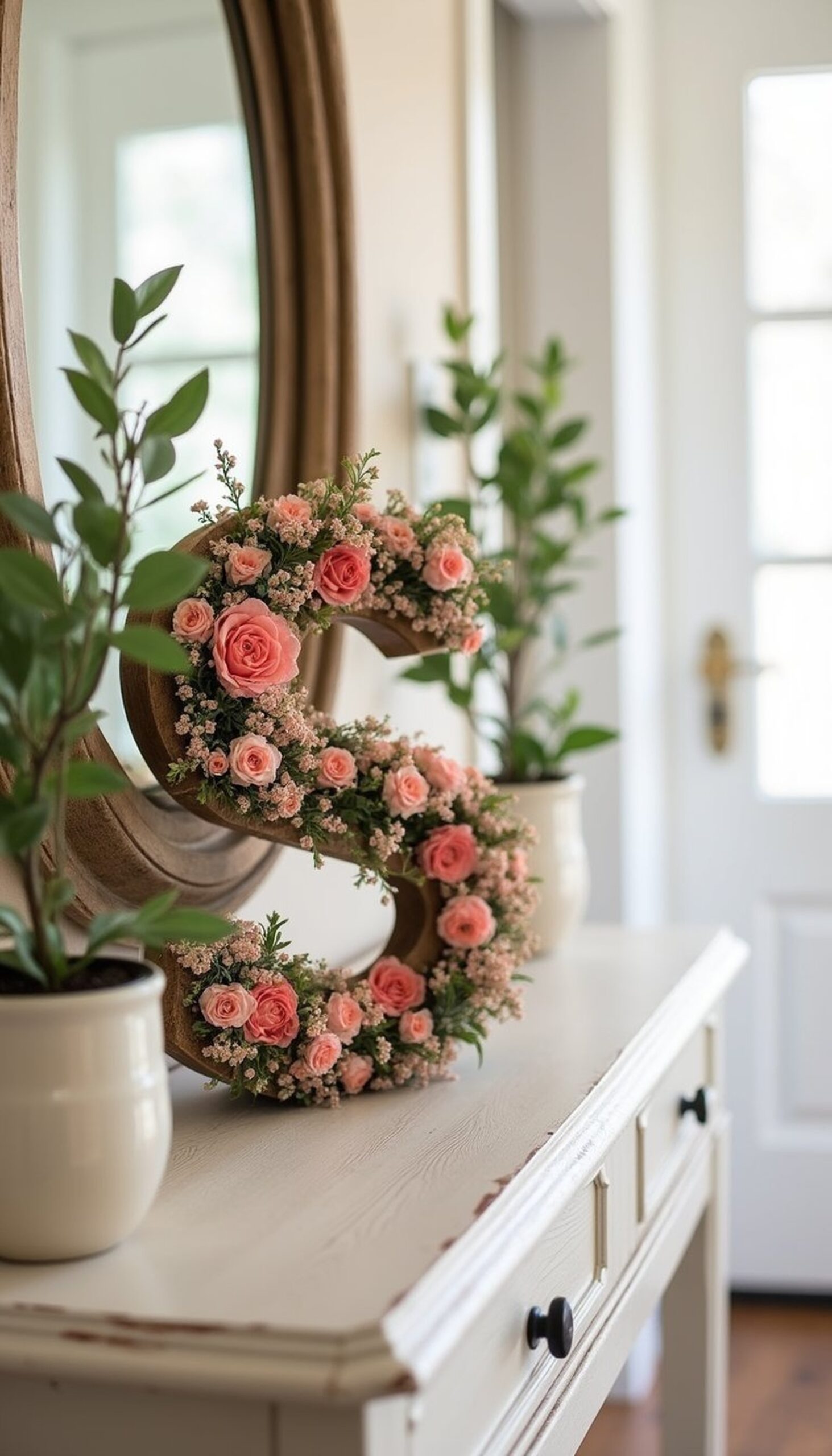 Floral letter monogram centerpiece idea for entry table