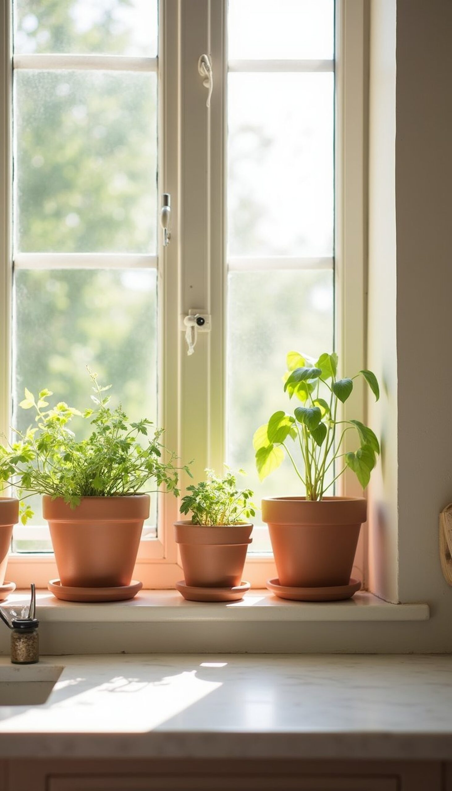 Hand-painted terra cotta herb pots for kitchen