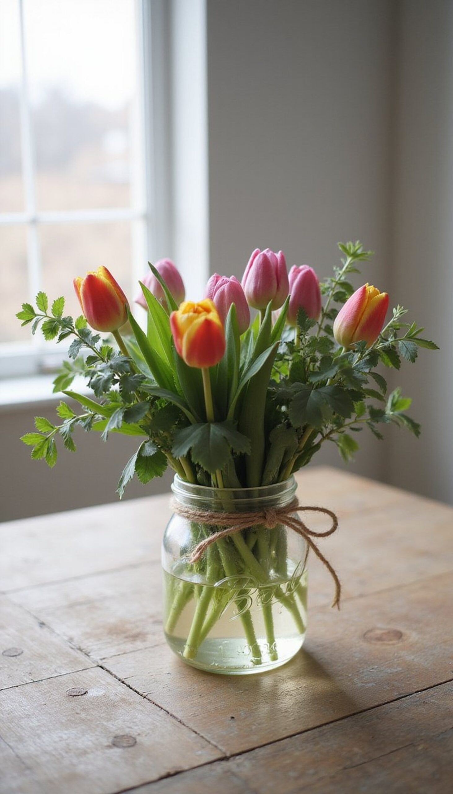 Mason jar bouquet with twine accents