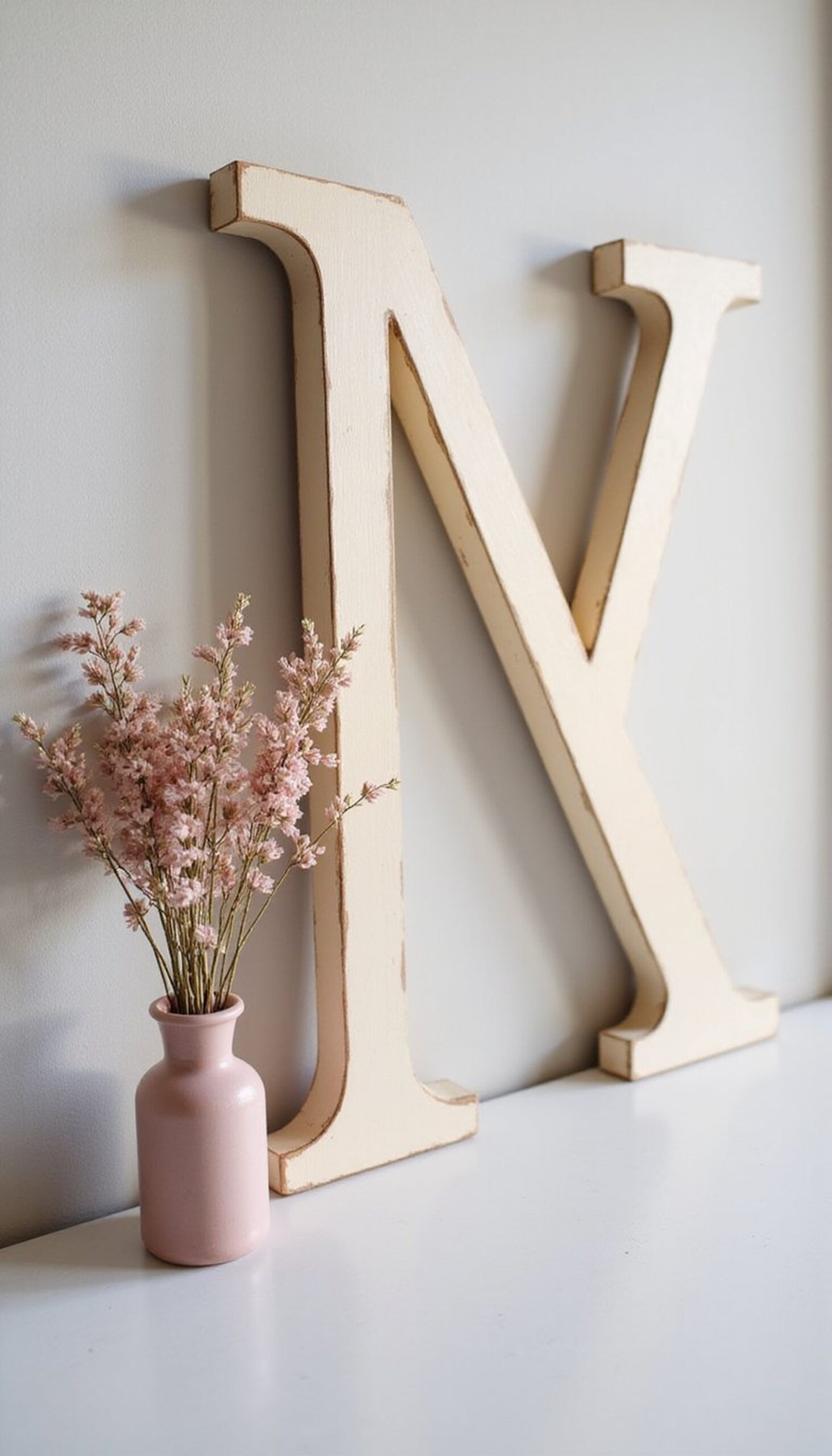 Painted wooden monogram with dried blooms