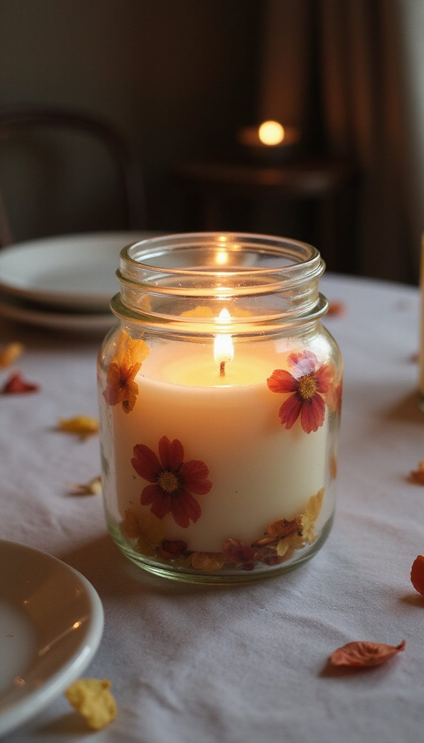 Pressed flower candles in glass jars