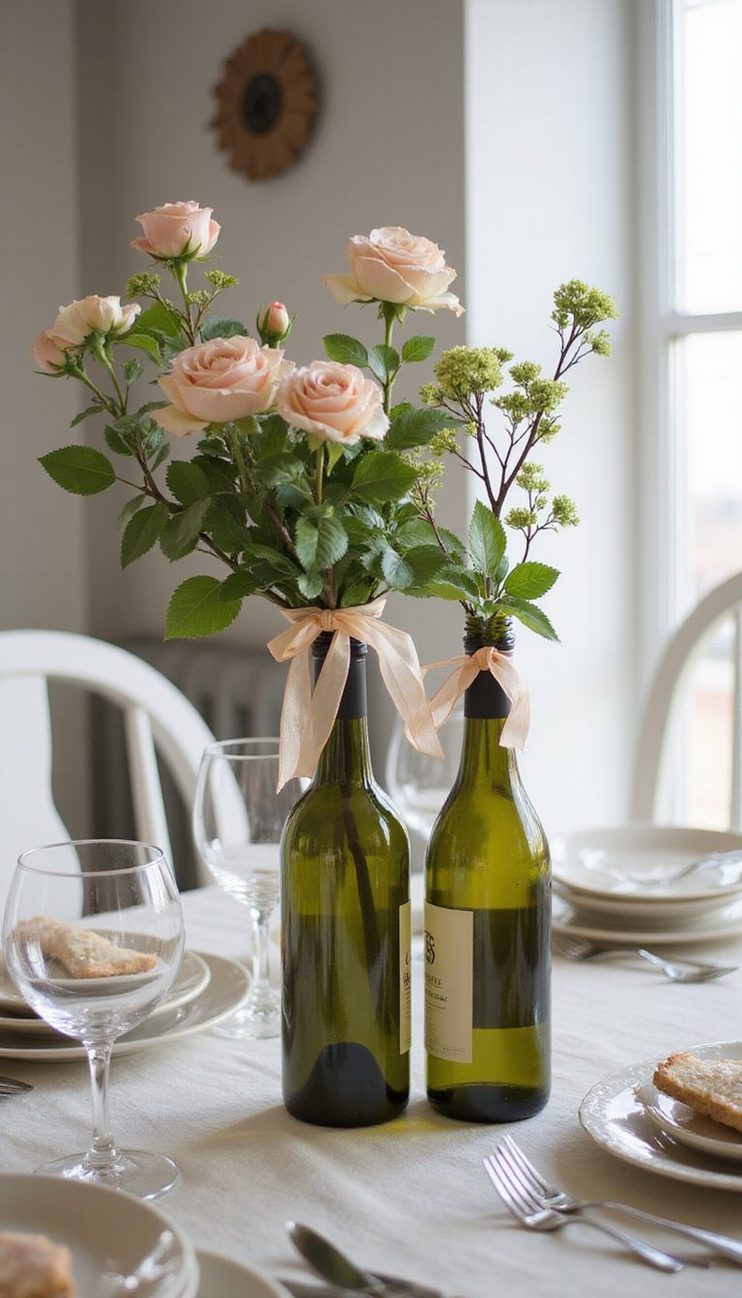 Ribbon-tied floral wine bottle centerpieces for dining table