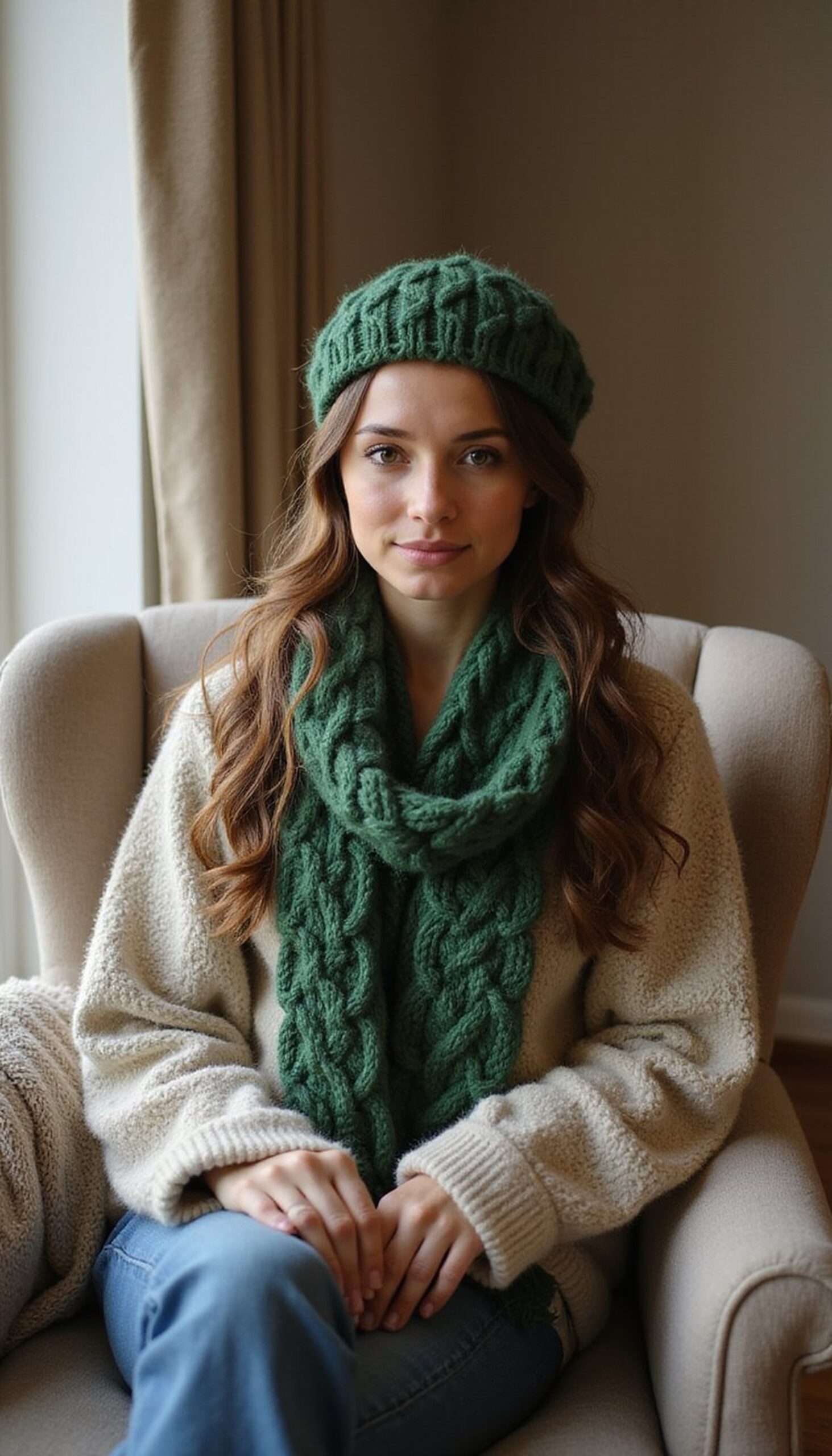 Braided Green Scarf and Matching Beret Set