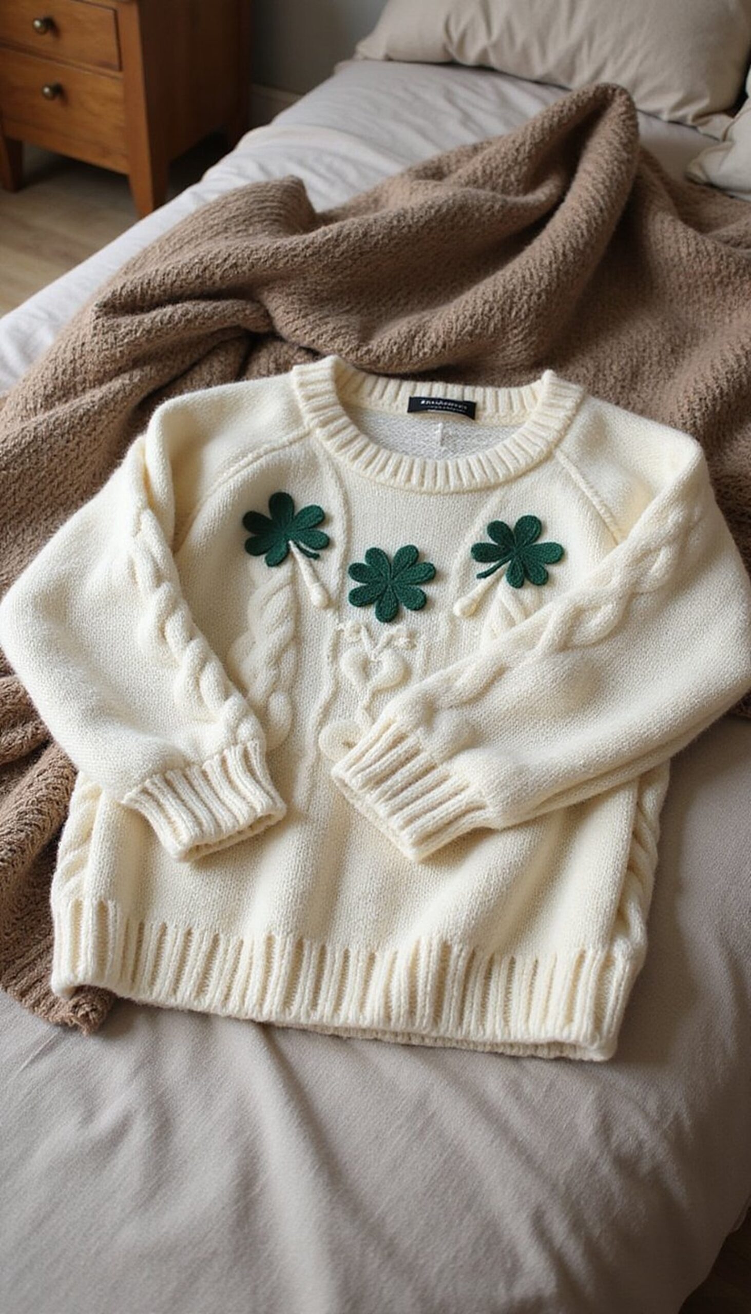 Cabled Knit Sweater with Emerald Accents