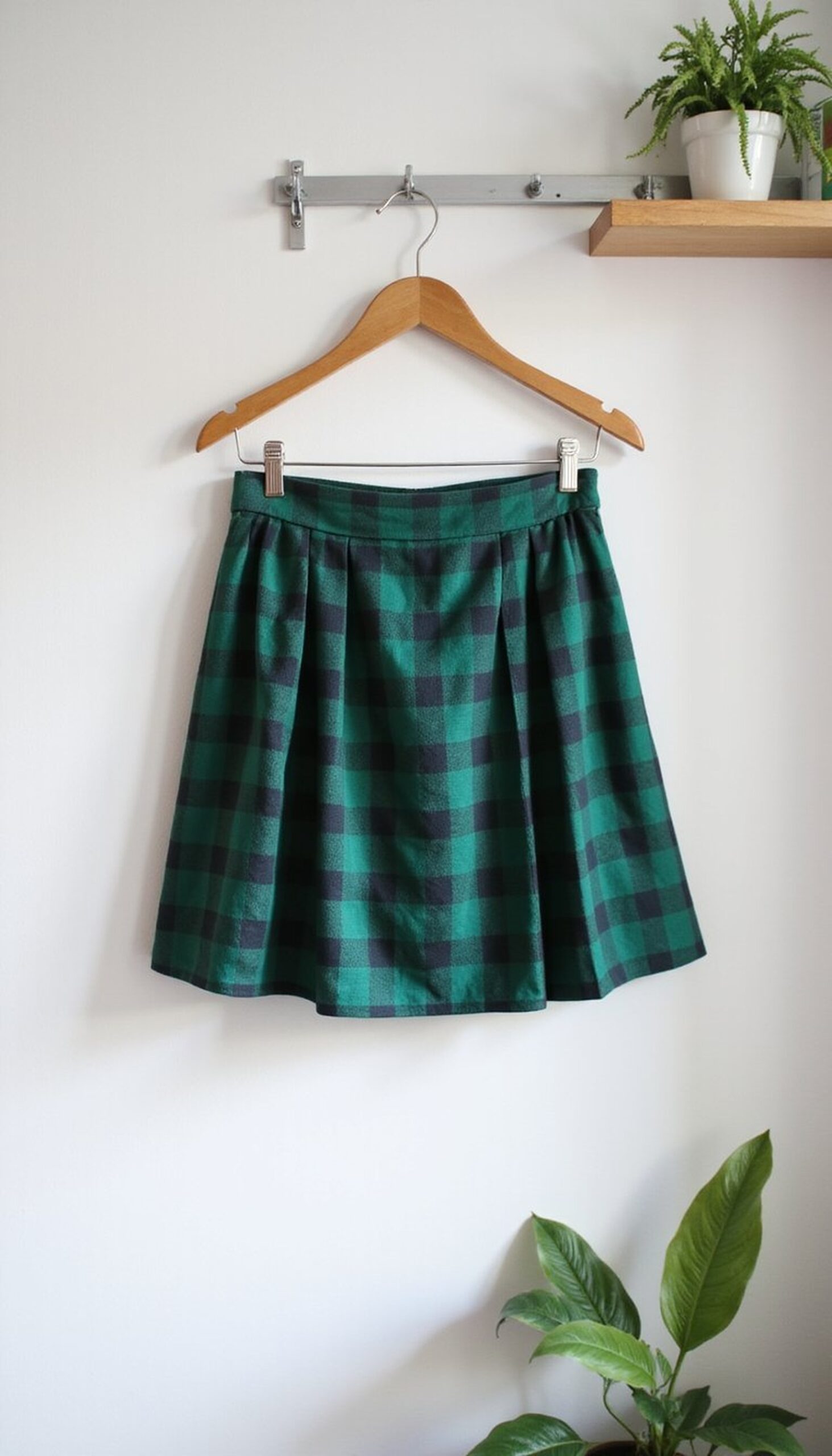 Pleated Mini Skirt in Green Plaid Pattern