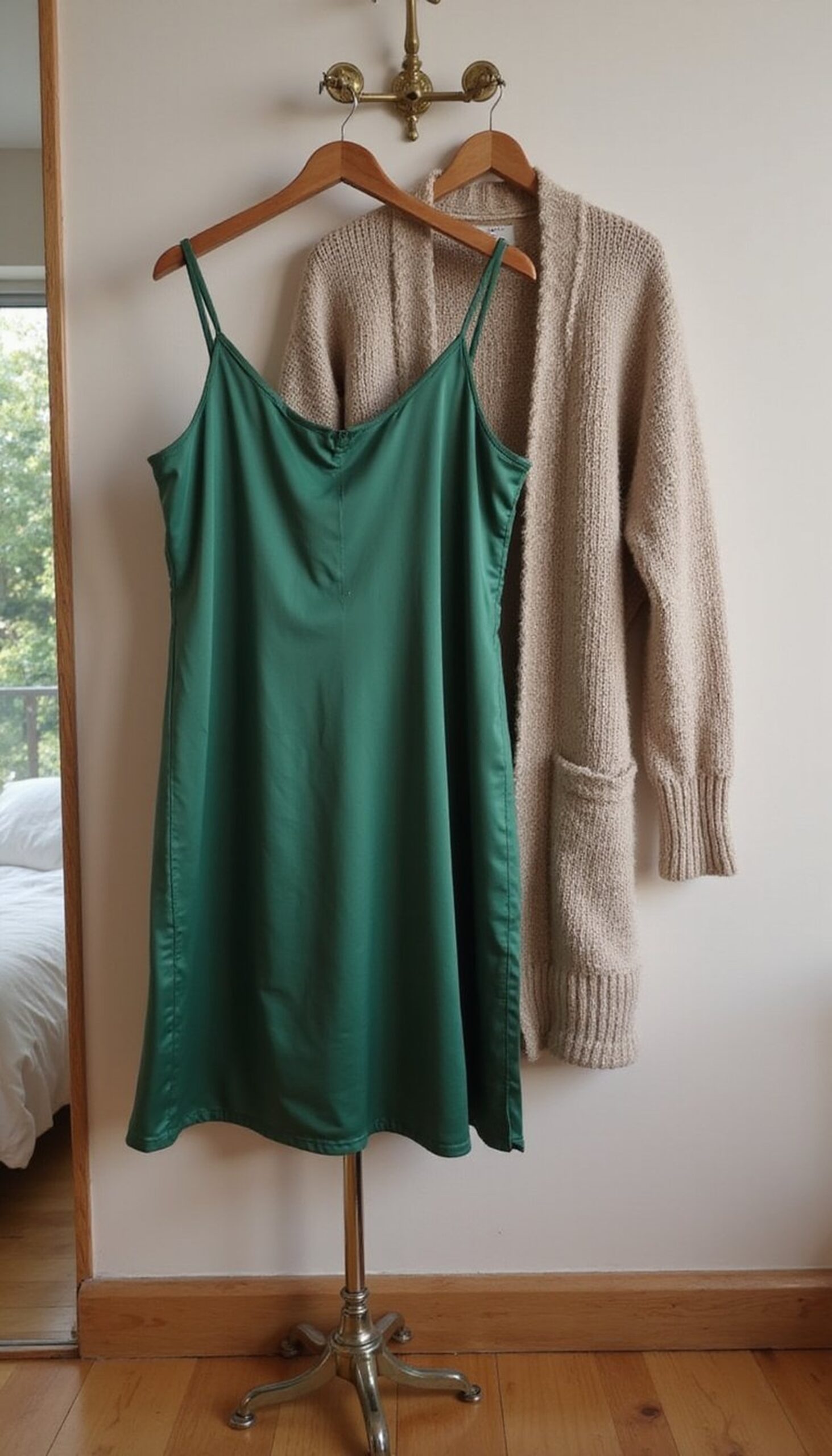 Satin Slip Dress with Knit Cardigan Layer
